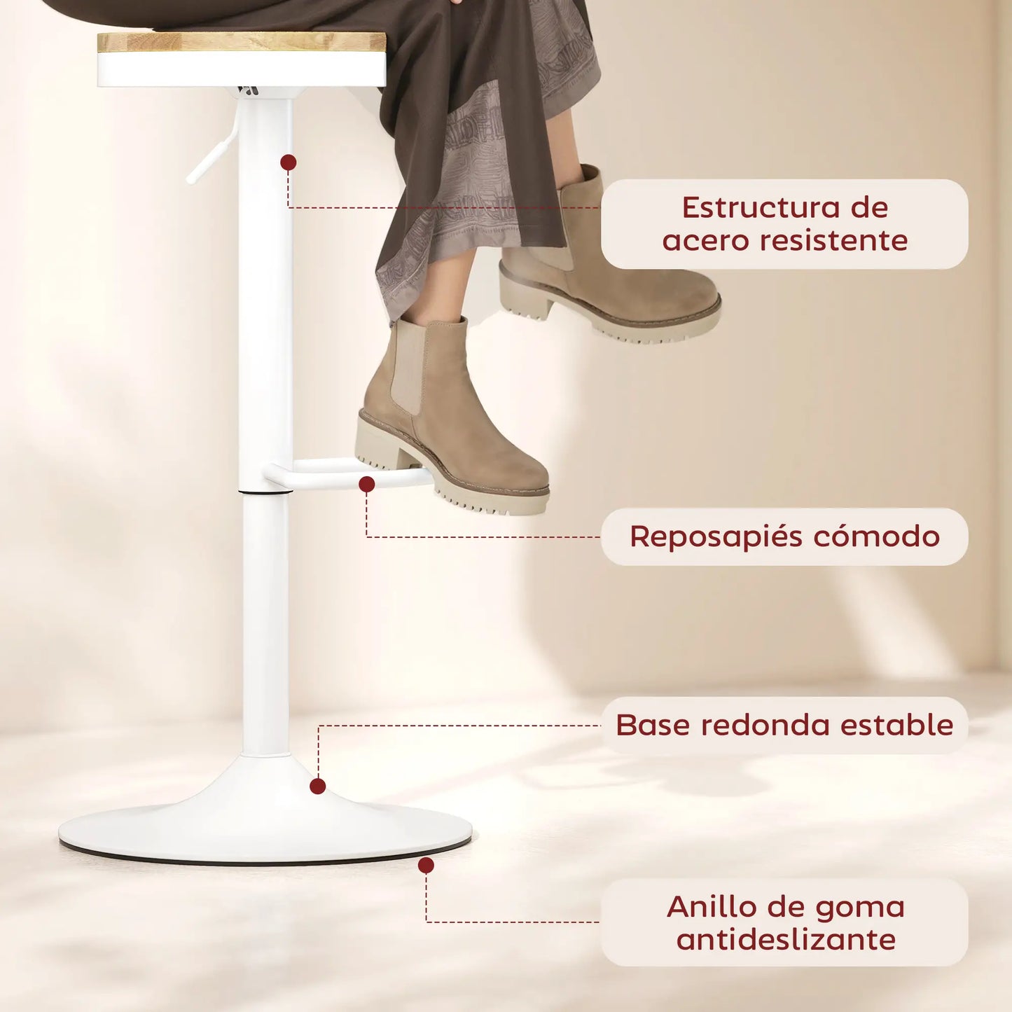 🪑 Juego de 2 Taburetes Altos de Cocina Regulables con Asiento de Madera Natural – Giratorios 360° con Base de Acero Blanca