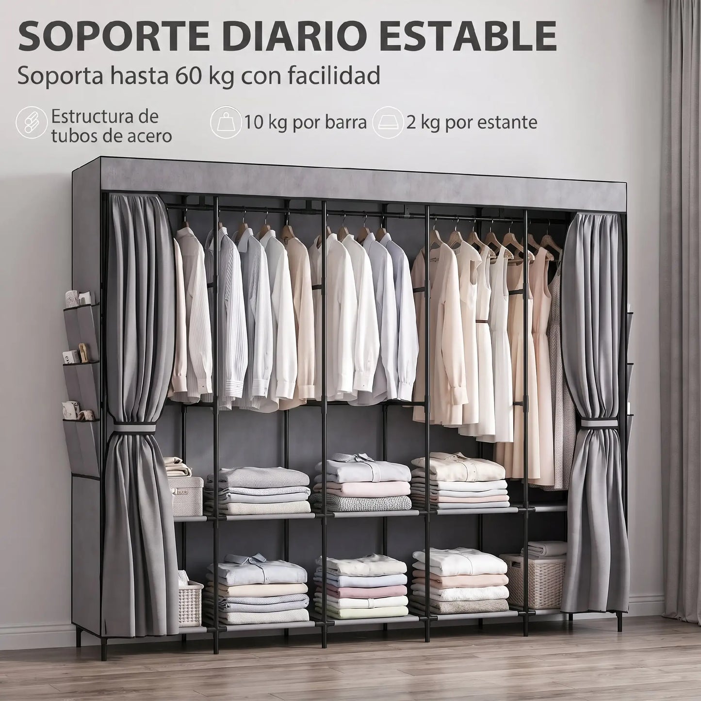 👕 ARMARIO DE TELA GRANDE 212 CM CON 5 BARRAS, 5 ESTANTES Y 6 BOLSILLOS – GRIS