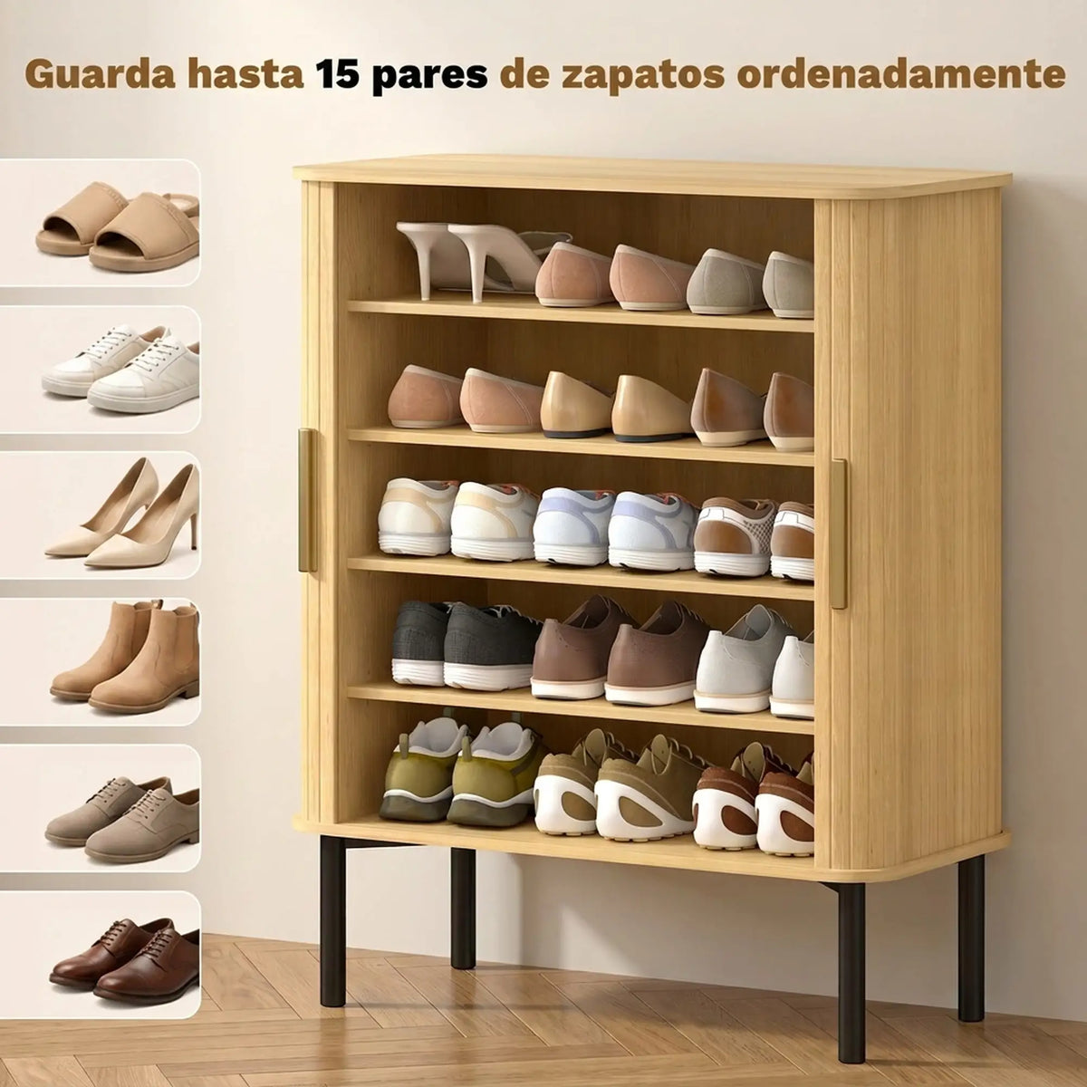 👞 ZAPATERO OAK SLIDE 5 – ROBLE CON PUERTAS CORREDERAS DE LAMAS Y 5 NIVELES