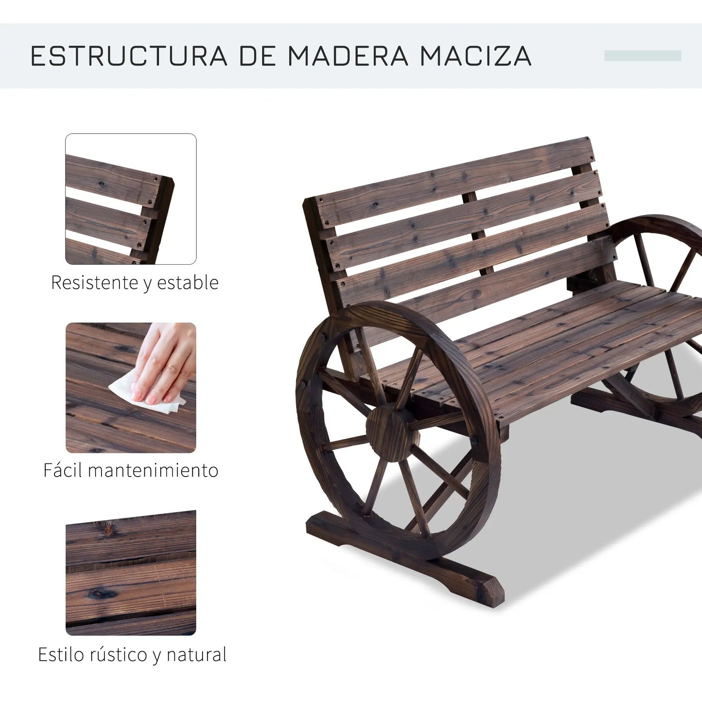 🌿 Banco de Jardín Modelo Rustico Wheel 2 Plazas Madera Diseño Rueda