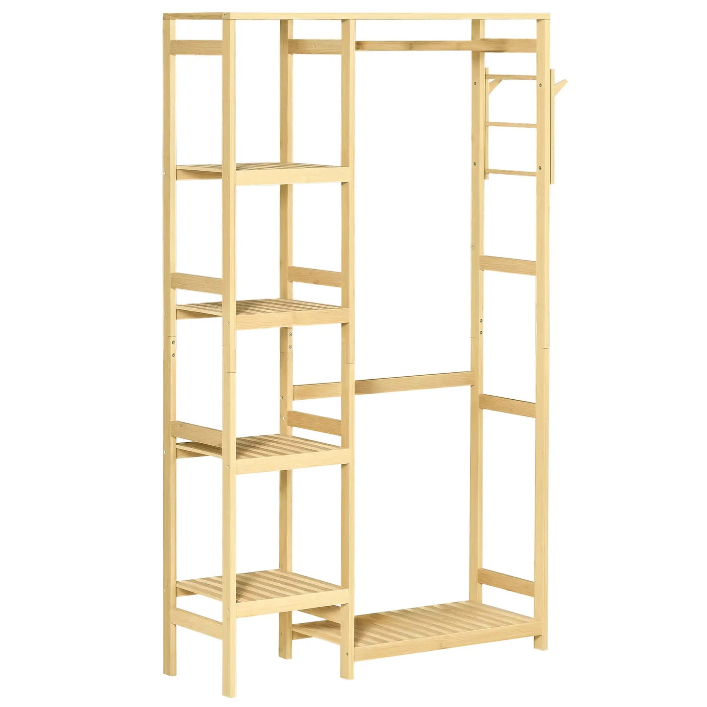 👕 PERCHERO BURRO DE BAMBÚ 90 CM CON BARRA, ESTANTES Y GANCHOS – MADERA NATURAL