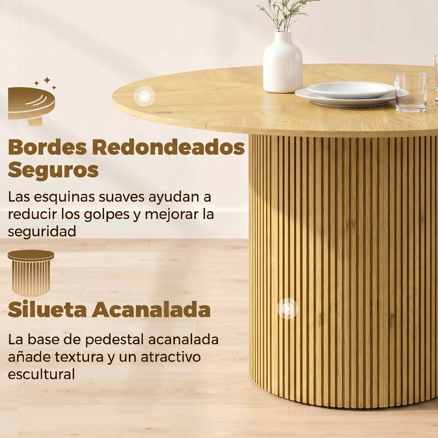 🪵 MESA DE COMEDOR REDONDA ROBLE 110 CM – DISEÑO MODERNO CON PEDESTAL ACANALADO
