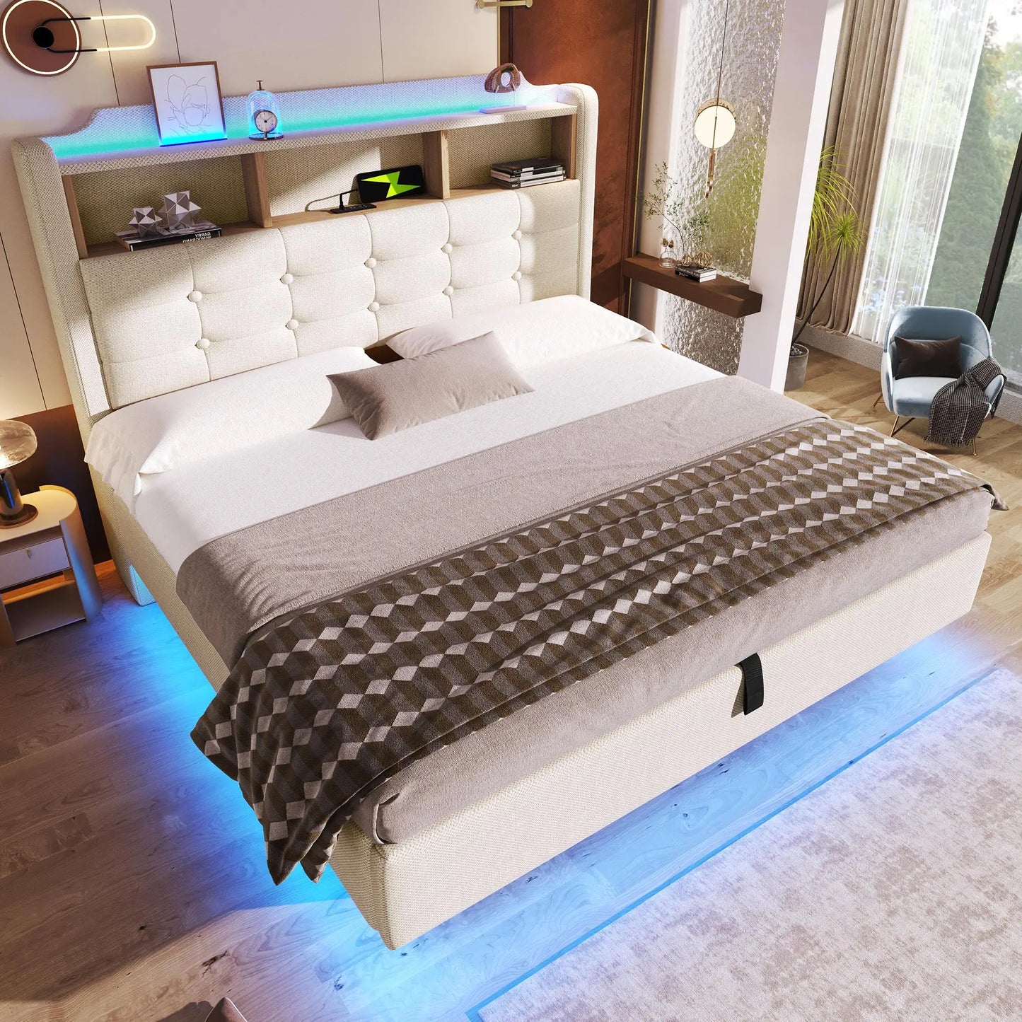 🛏️ CAMA TAPIZADA FLOTANTE 140 × 200 CM CON LED, USB Y ARCÓN HIDRÁULICO | GRIS Y BEIGE | JAM MUEBLES