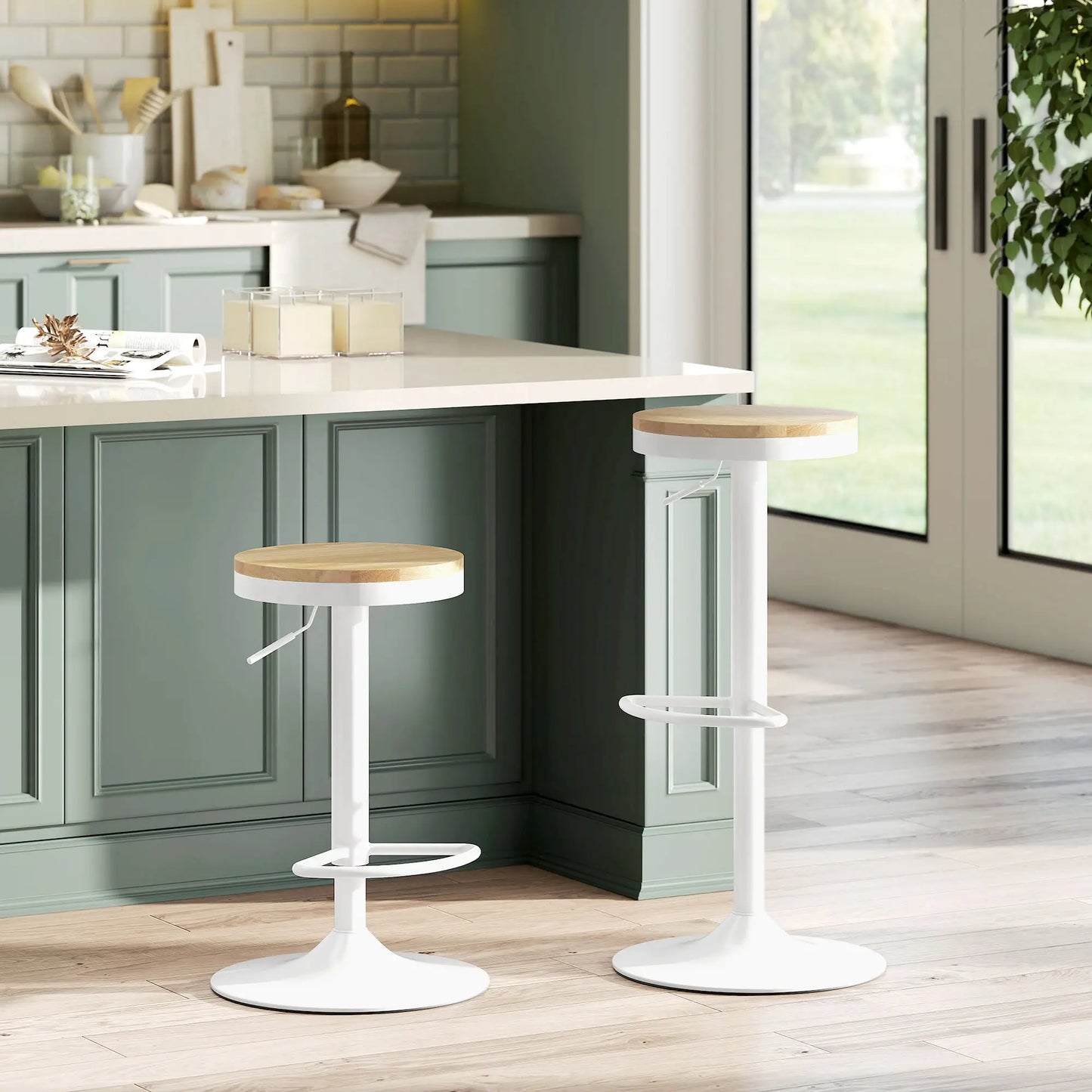 🪑 Juego de 2 Taburetes Altos de Cocina Regulables con Asiento de Madera Natural – Giratorios 360° con Base de Acero Blanca