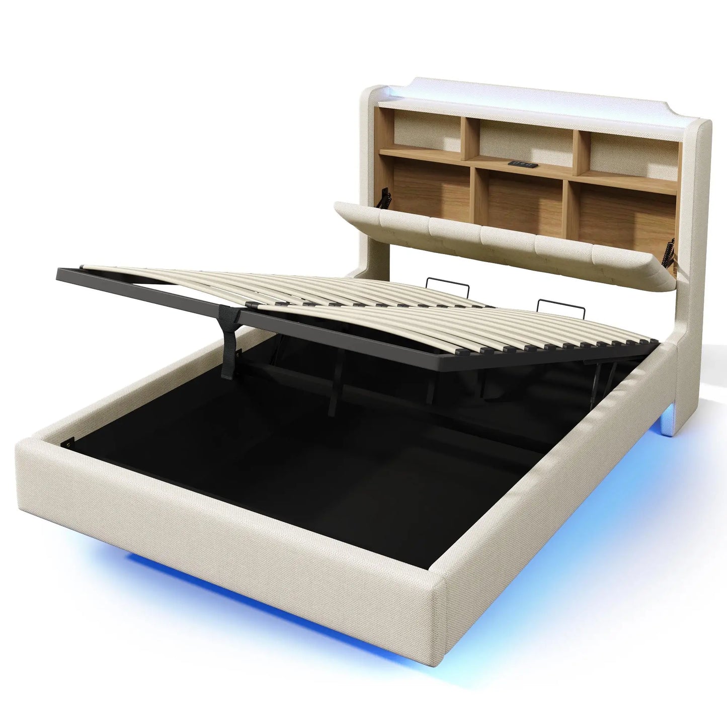 🛏️ CAMA TAPIZADA FLOTANTE 140 × 200 CM CON LED, USB Y ARCÓN HIDRÁULICO | GRIS Y BEIGE | JAM MUEBLES