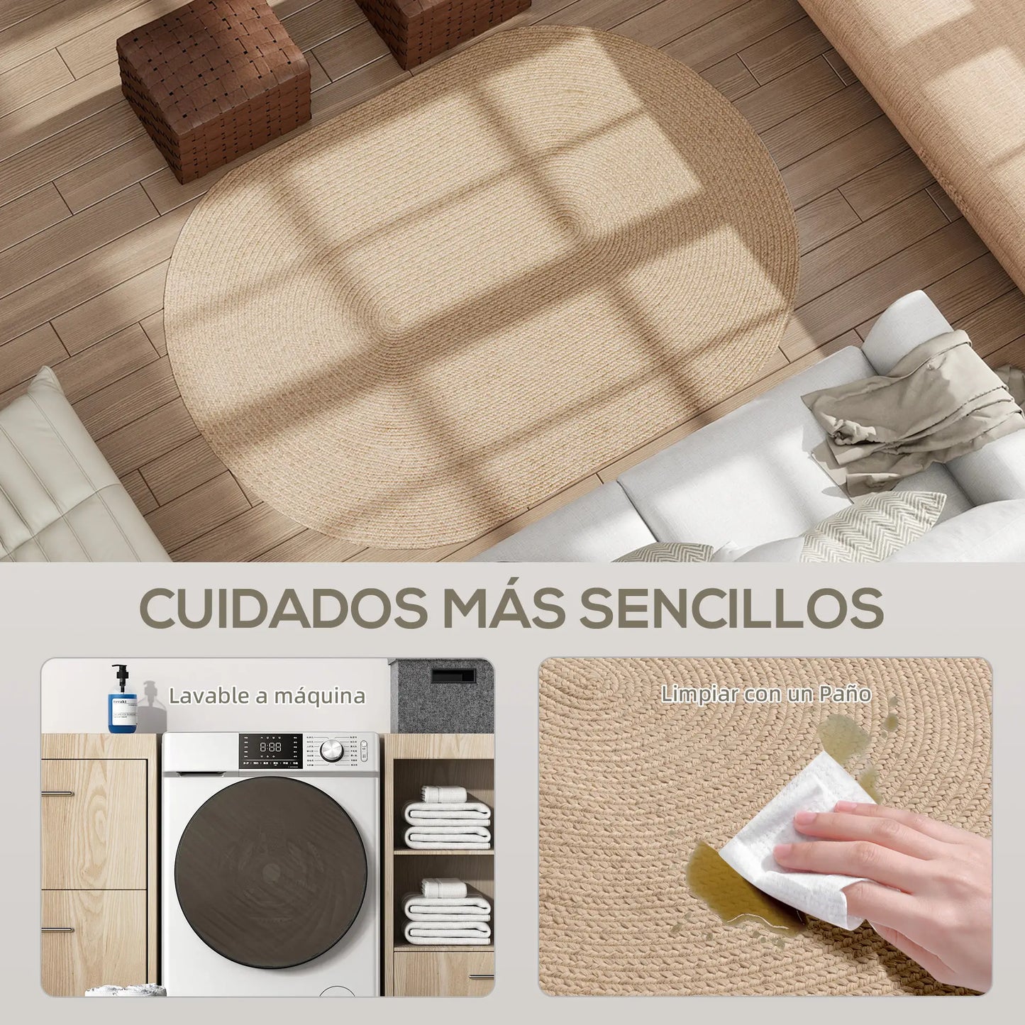🏡 ALFOMBRA OVALADA LAVABLE 170 × 120 CM – ESTILO RÚSTICO, SUAVIDAD Y FÁCIL MANTENIMIENTO