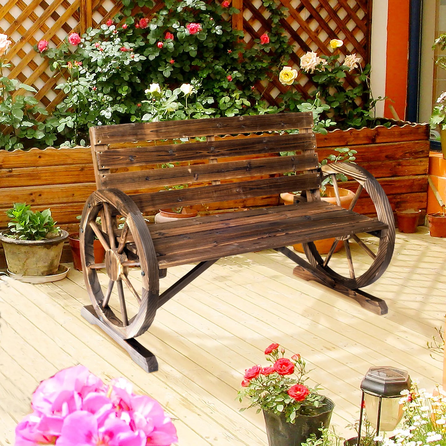 🌿 Banco de Jardín Modelo Rustico Wheel 2 Plazas Madera Diseño Rueda