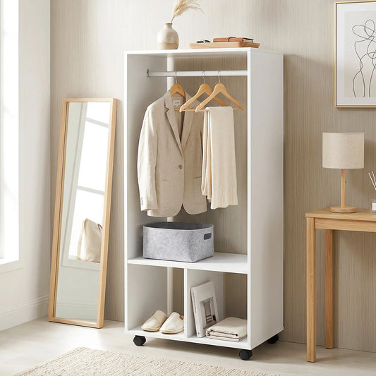 👕 ARMARIO ABIERTO CON RUEDAS 60 CM – BARRA PARA COLGAR Y ESTANTES – BLANCO Y ROBLE NATURAL