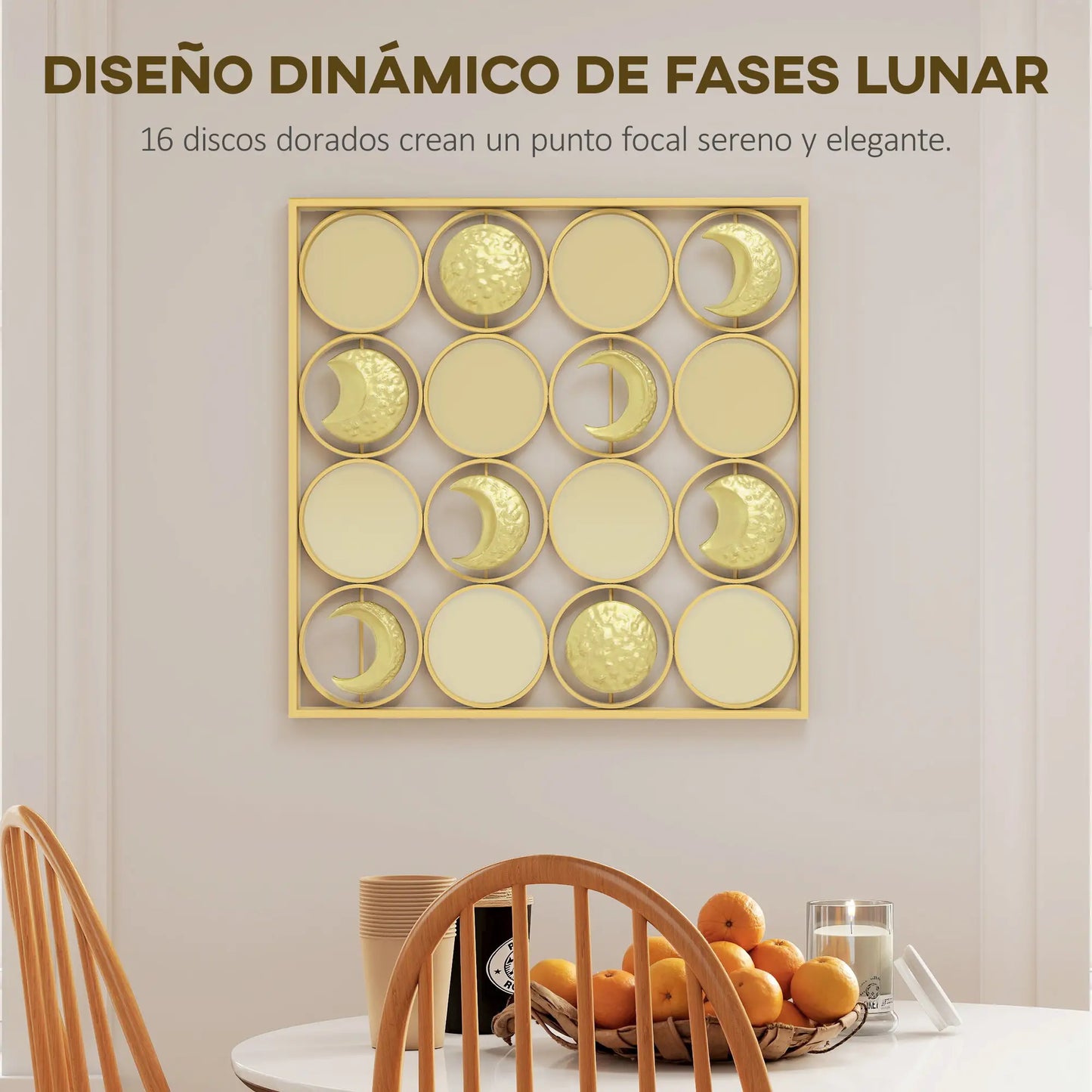 🌙 CUADRO DECORATIVO DE METAL FASES LUNARES – DECORACIÓN DE PARED DORADA 67,9 × 67,9 CM