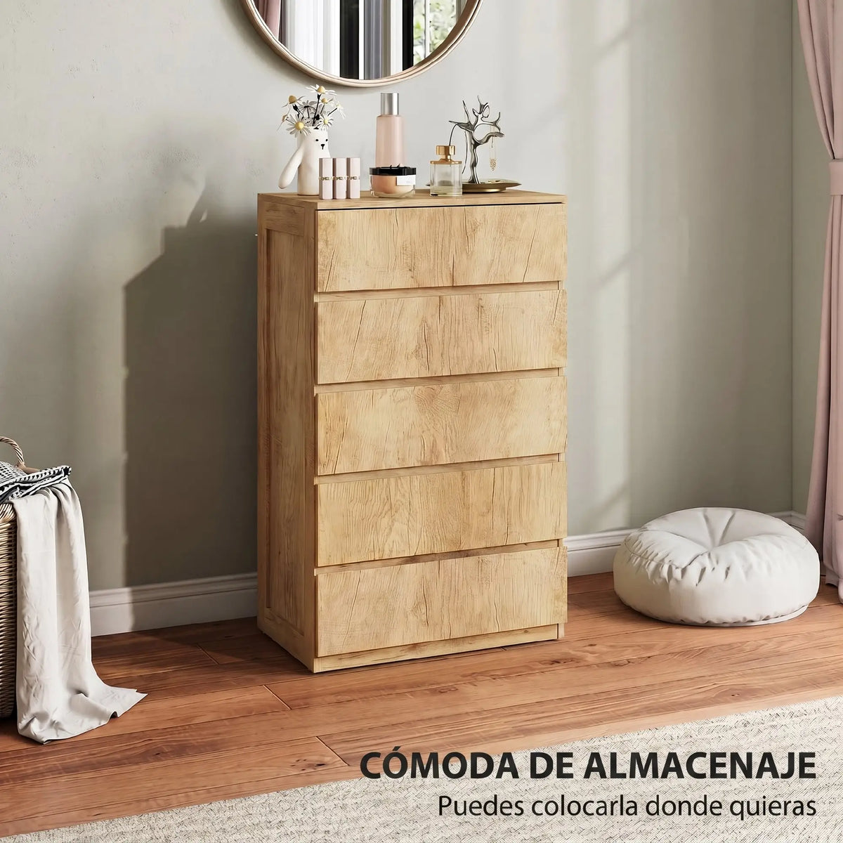 🌿 CÓMODA NATURA FIVE 5C – 5 CAJONES EN MADERA NATURAL SIN TIRADORES