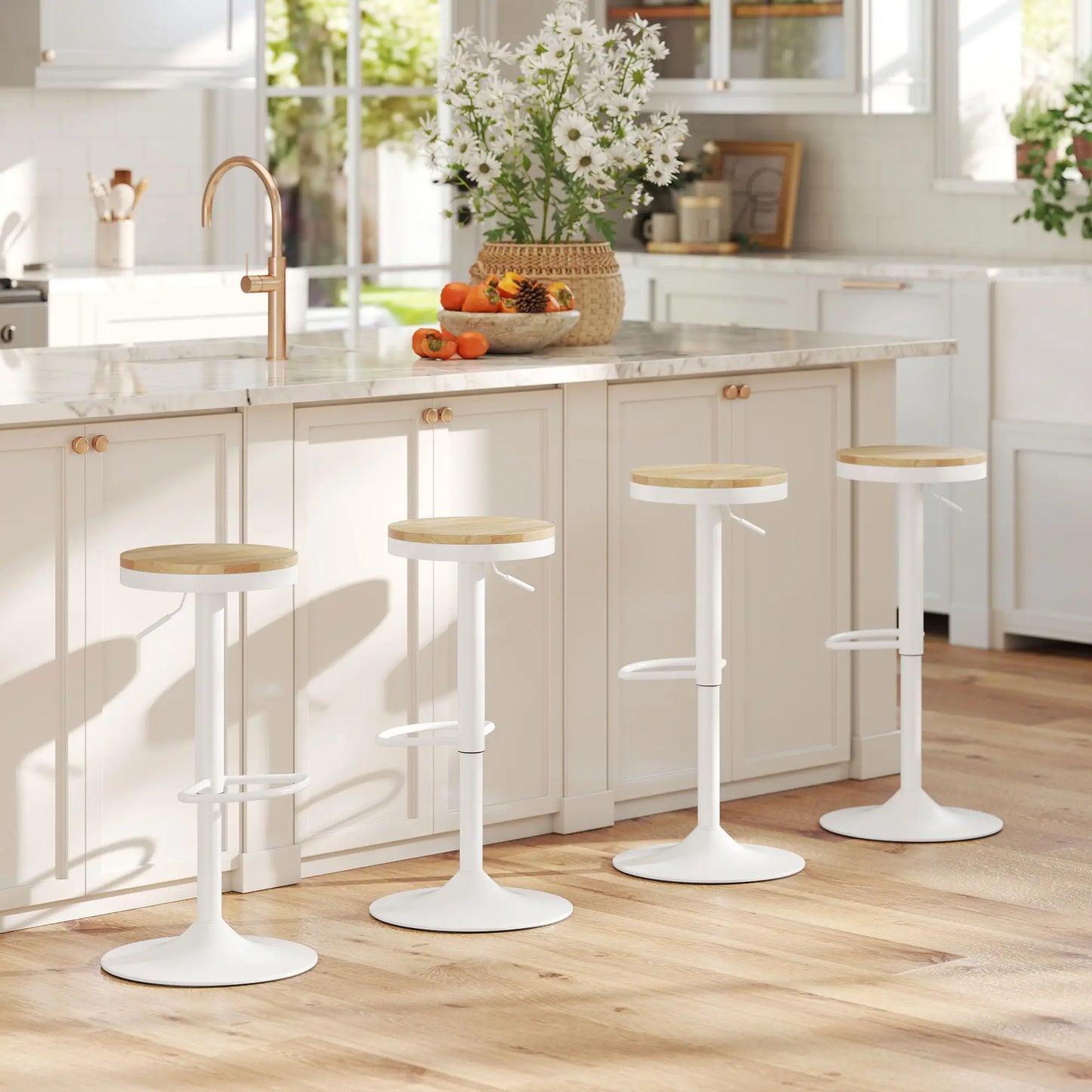 🪑 Juego de 2 Taburetes Altos de Cocina Regulables con Asiento de Madera Natural – Giratorios 360° con Base de Acero Blanca