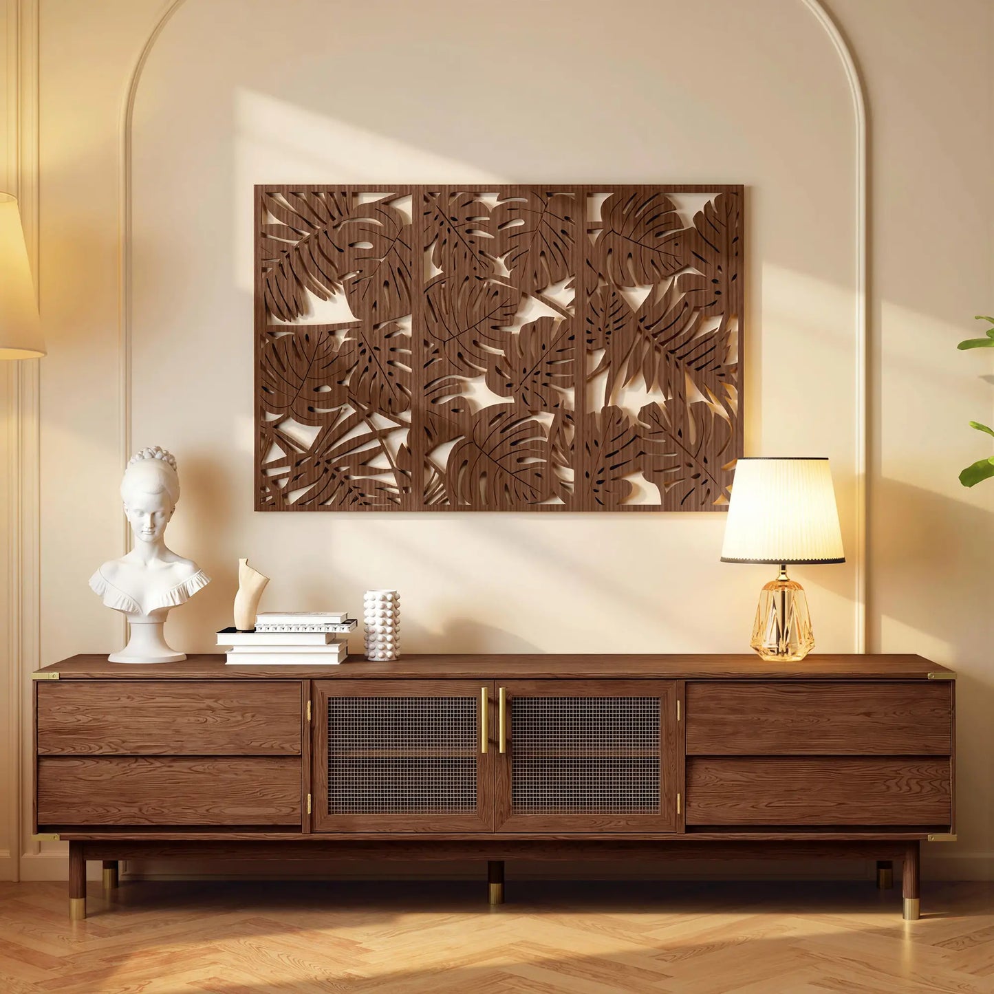 🖼️ CUADROS DECORATIVOS 3D DE PARED 3 PIEZAS 40 × 80 CM – DISEÑO DE HOJAS TROPICALES EN ACABADO NOGAL