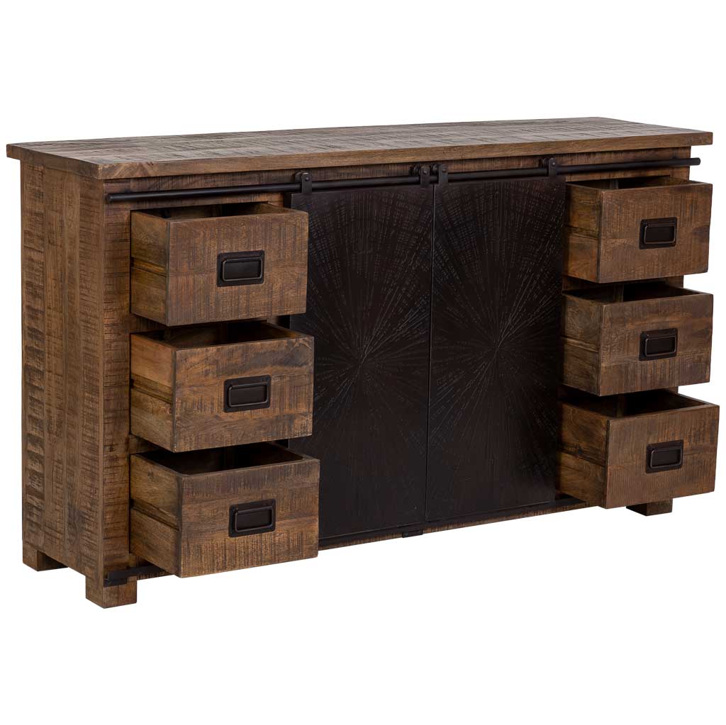 APARADOR ÓXIDO ARTESANAL DE MADERA MACIZA CON 2 PUERTAS CORREDERAS Y 6 CAJONES image 1