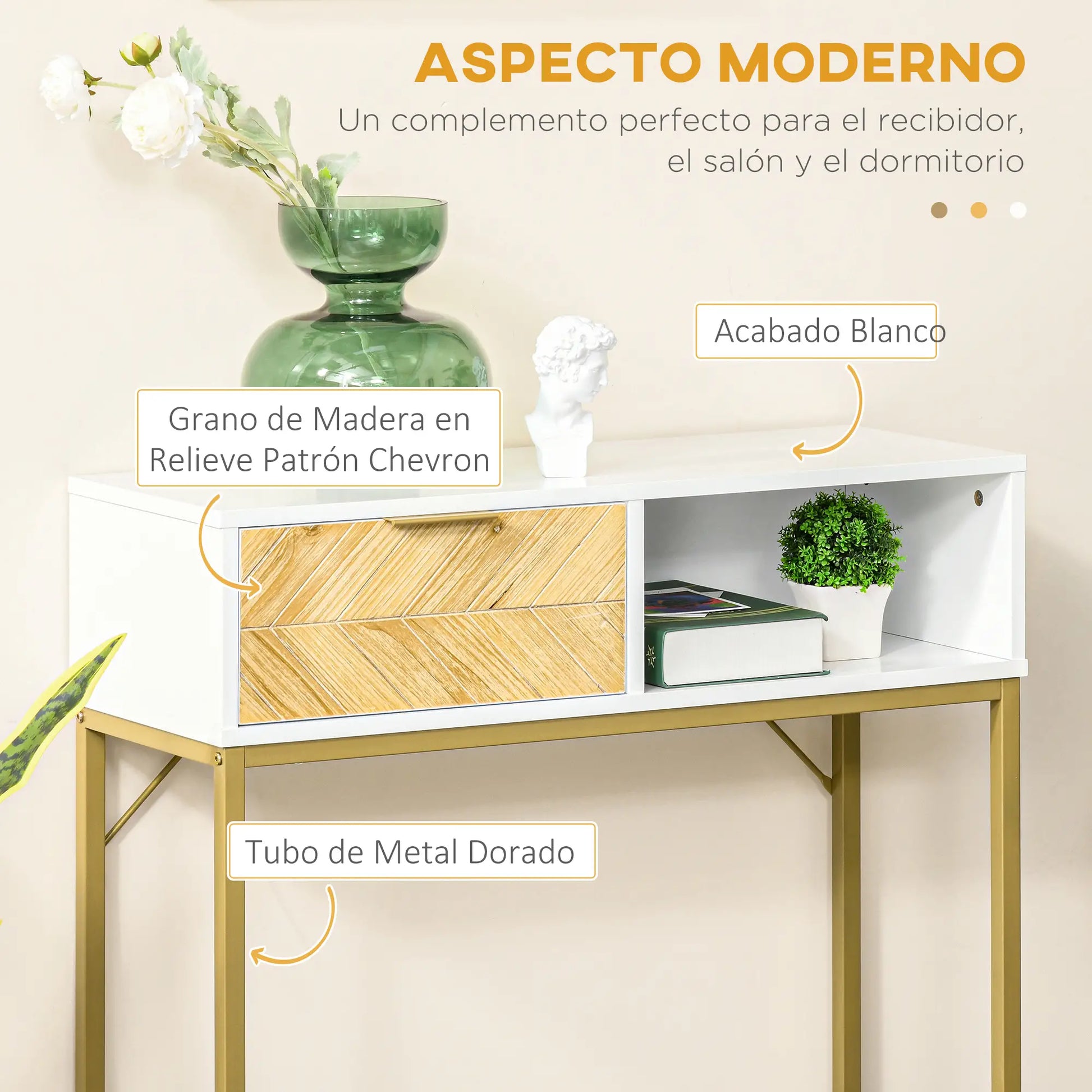 CONSOLA MODERNA BLANCO & DORADO “ELEGANCE GOLD SINGLE DRAWER” image 9