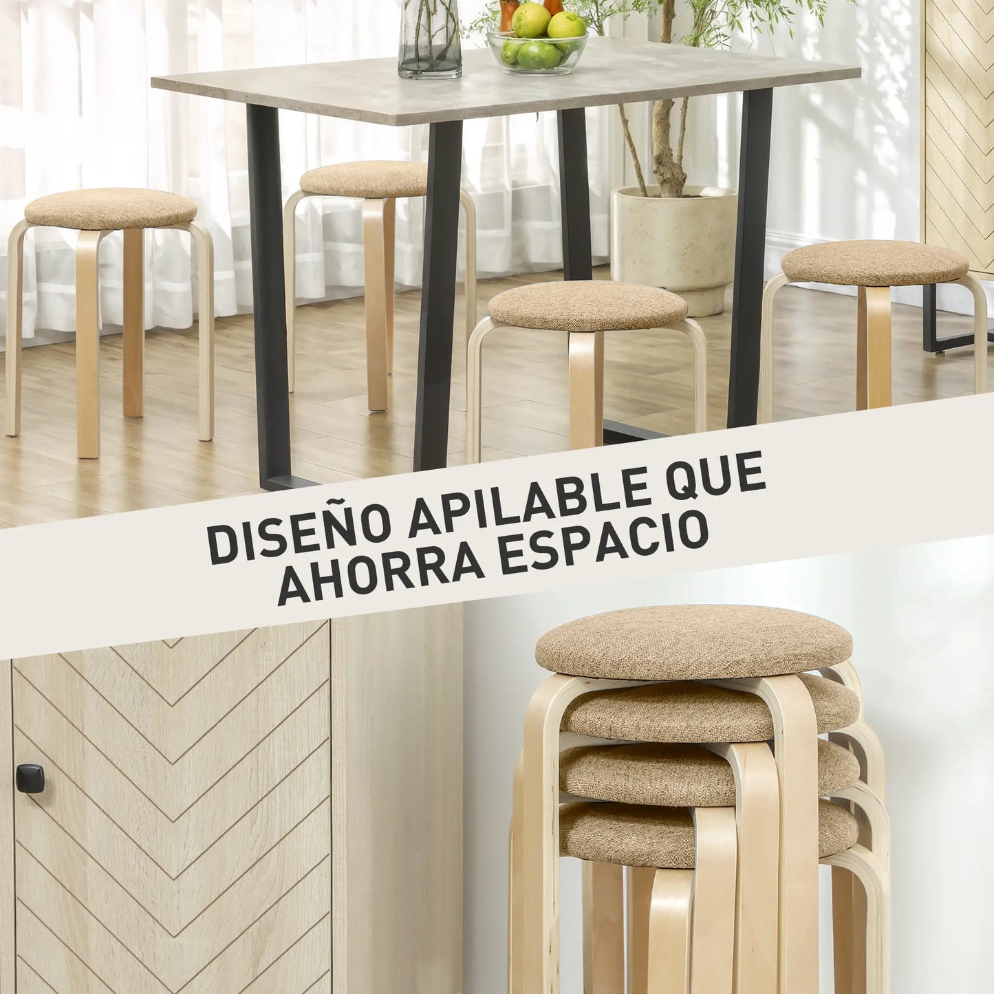 JUEGO DE 4 TABURETES APILABLES DE MADERA CON ASIENTO ACOL CAQUI – MODELO KENIA image 2