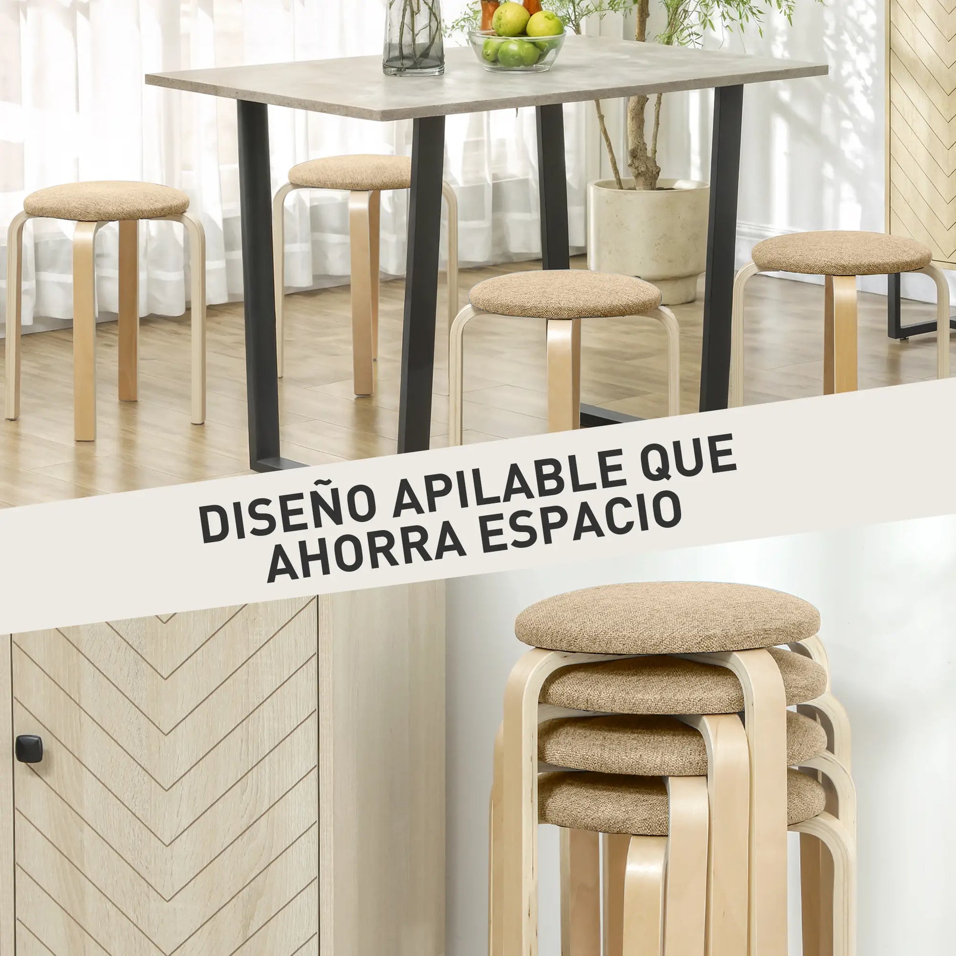 JUEGO DE 4 TABURETES APILABLES DE MADERA CON ASIENTO ACOL CAQUI – MODELO KENIA image 2