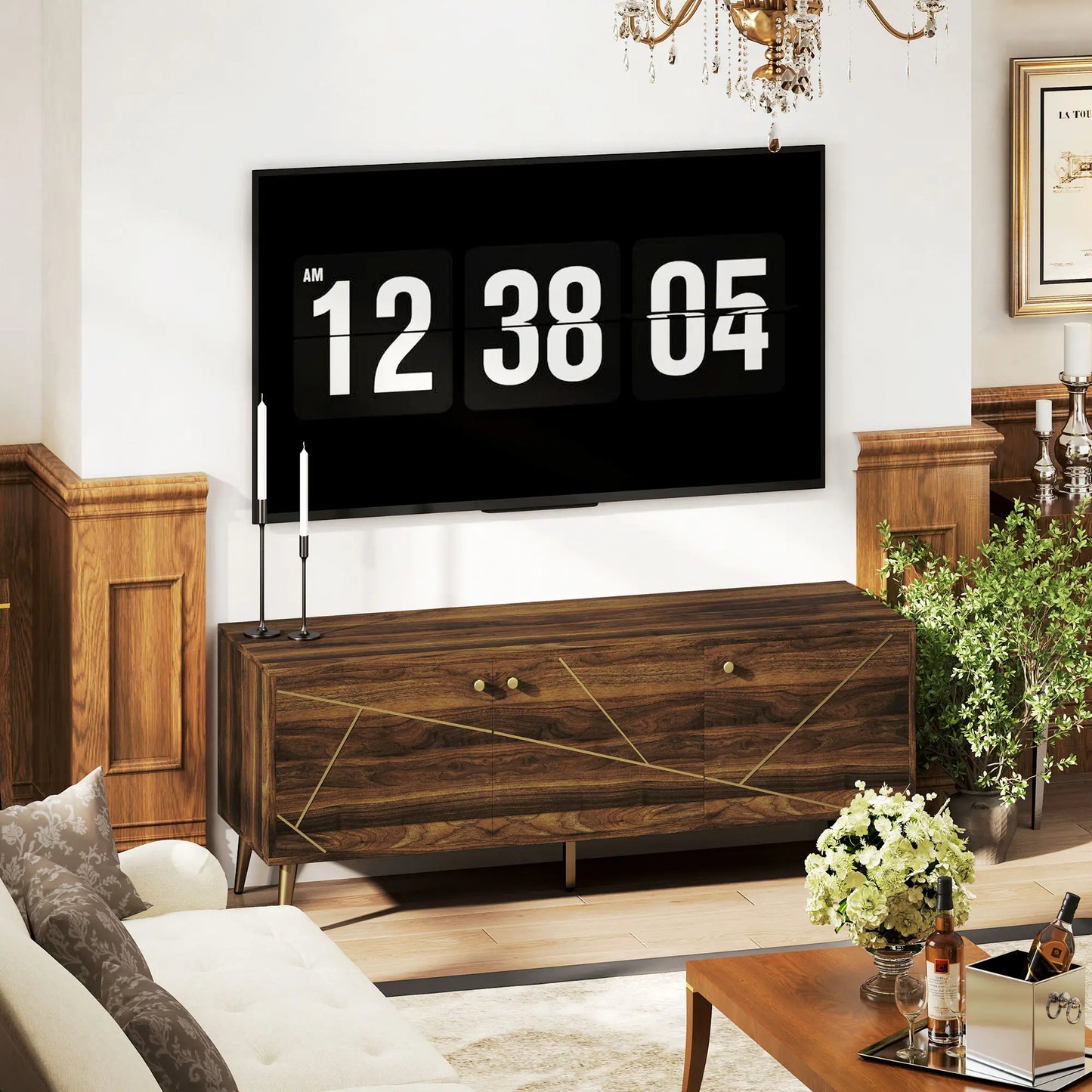 Mueble TV Moderno Marrón 130 cm con Patas Doradas image 1