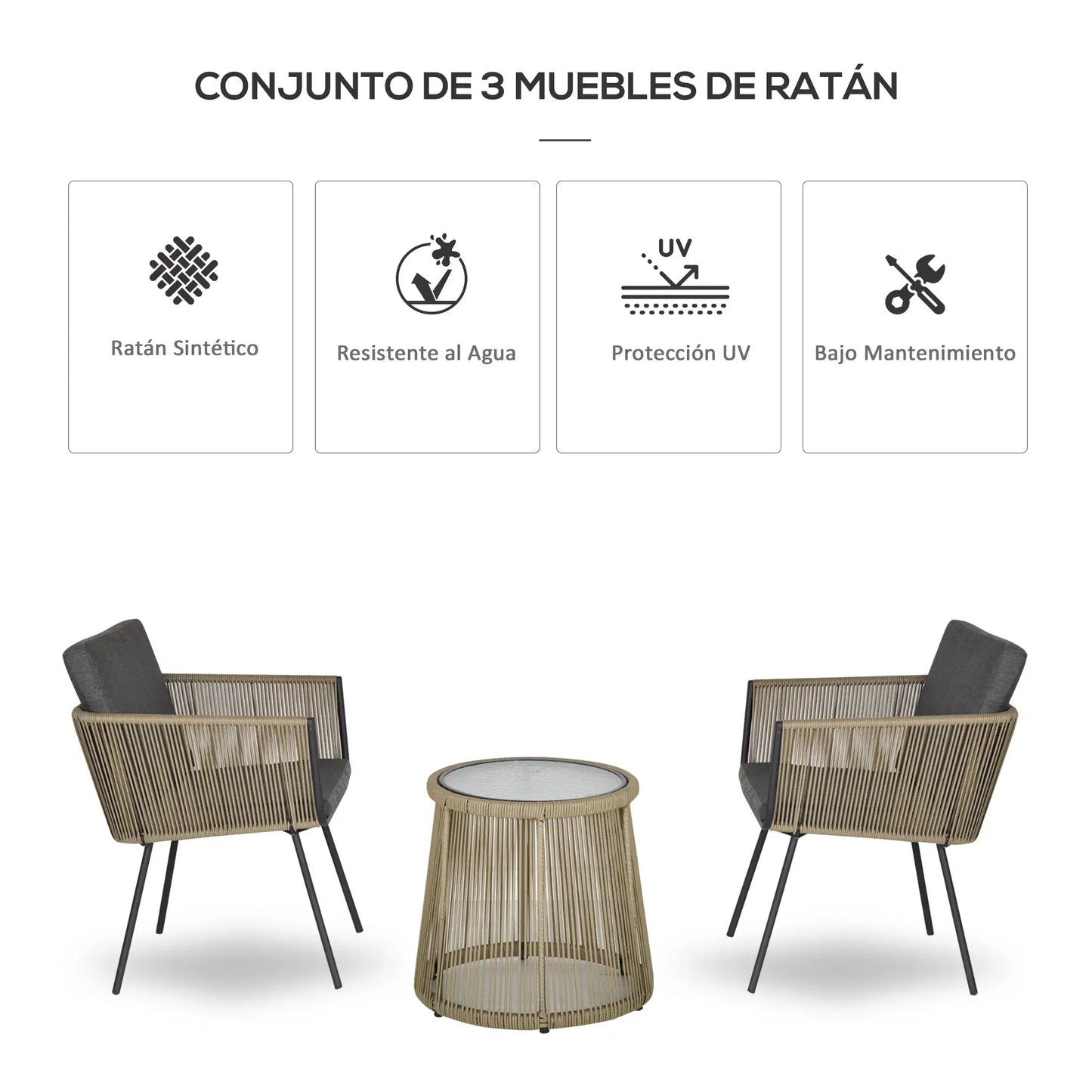 CONJUNTO DE JARDÍN RATÁN CAFÉ Y GRIS 2 SILLAS + MESA CRISTAL – MODELO SIENA image 3