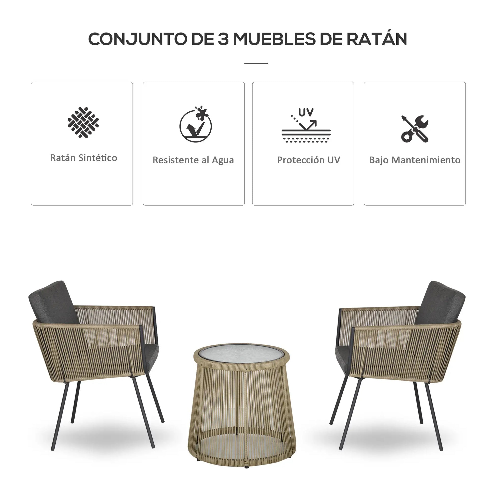 CONJUNTO DE JARDÍN RATÁN CAFÉ Y GRIS 2 SILLAS + MESA CRISTAL – MODELO SIENA image 3