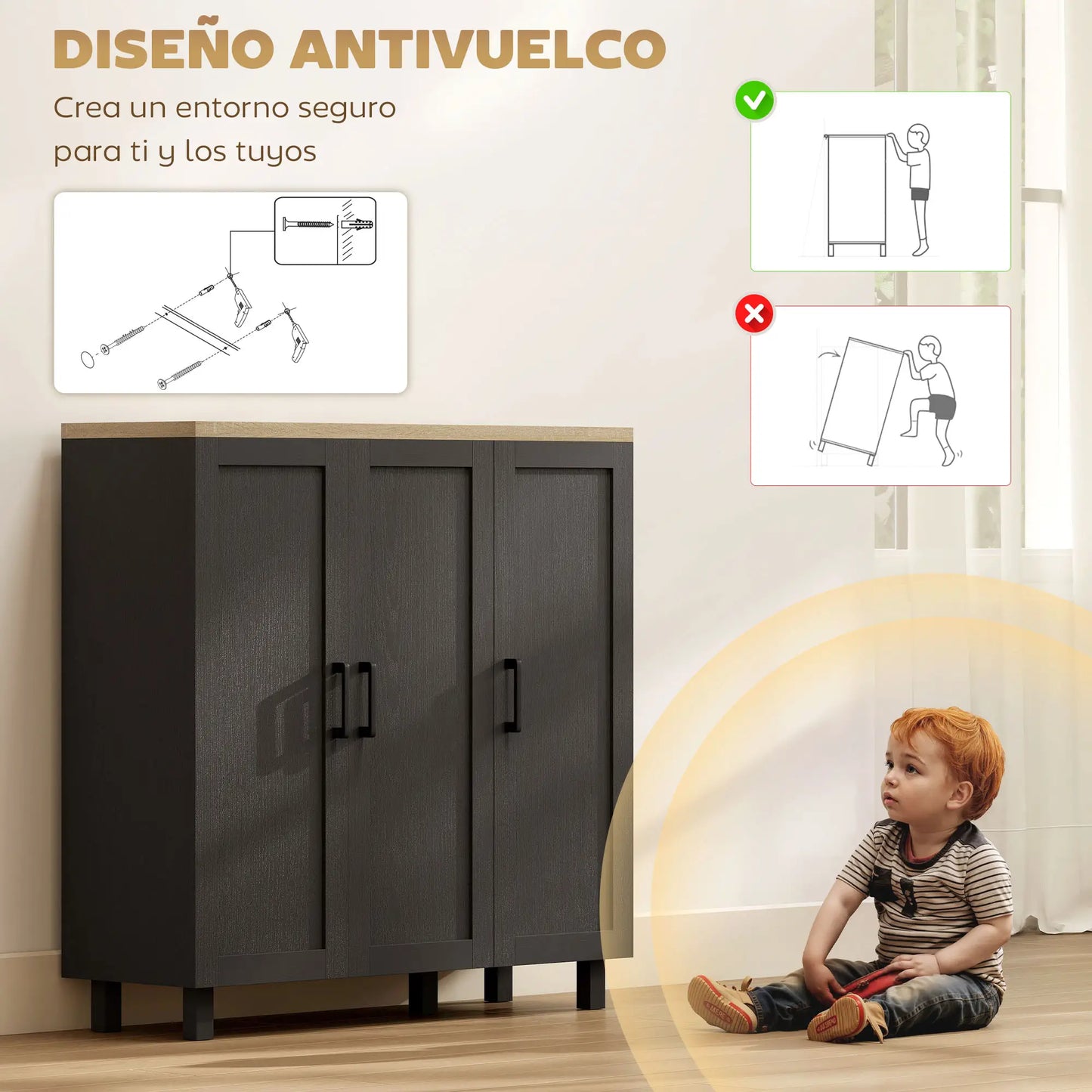 APARADOR DE SALÓN MODERNO CON 3 PUERTAS – NEGRO Y MADERA NATURAL image 4