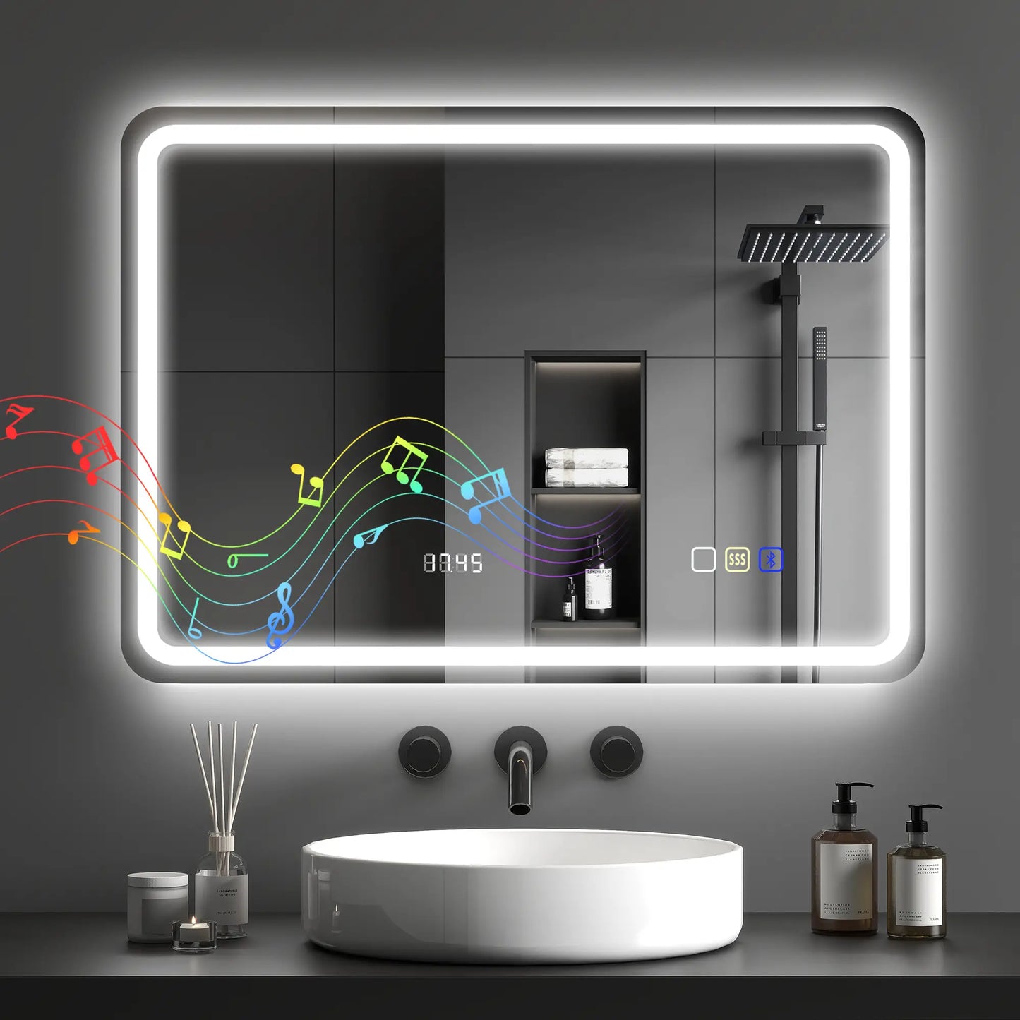 ESPEJO DE BAÑO LED AURIX SOUND 70X50 CON BLUETOOTH, RELOJ Y ANTIVAHO image 0