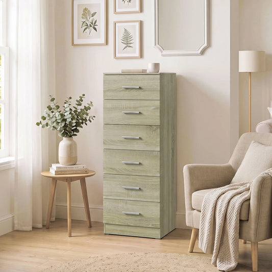 🌿 CÓMODA OAK TALL 6C – 6 CAJONES ROBLE CON TIRADORES PLATEADOS