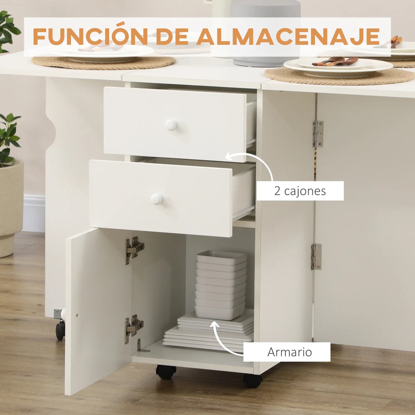 MESA DE COMEDOR PLEGABLE CON ALAS ABATIBLES, RUEDAS Y CAJONES – BLANCA image 6