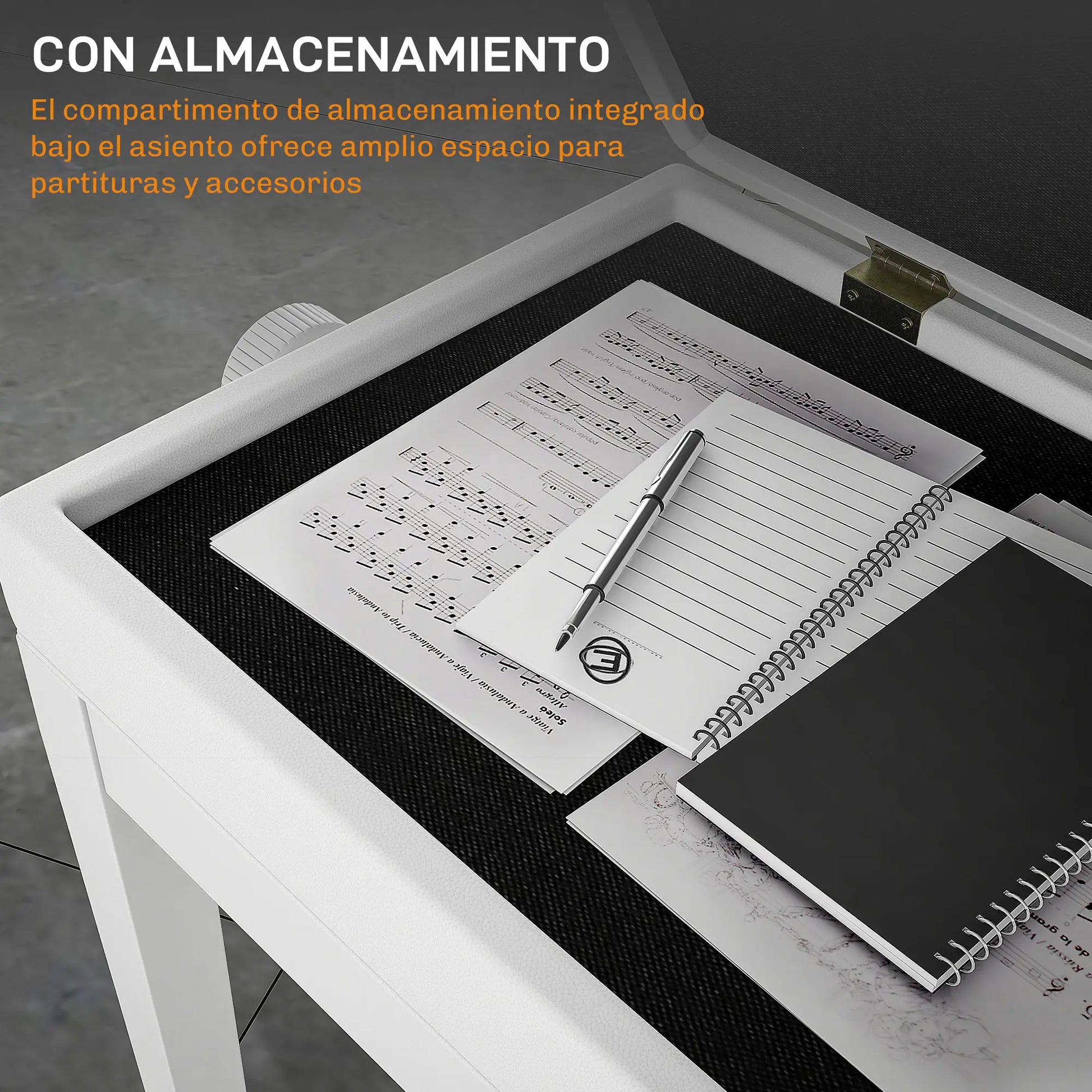 BANQUETA DE PIANO HARMONY LIFT BLANCA AJUSTABLE CON ALMACENAJE image 9