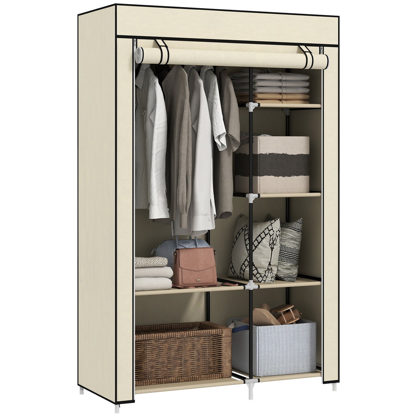 👕 ARMARIO DE TELA PLEGABLE 103 CM CON 6 ESTANTES Y BARRA PARA COLGAR – 5 COLORES