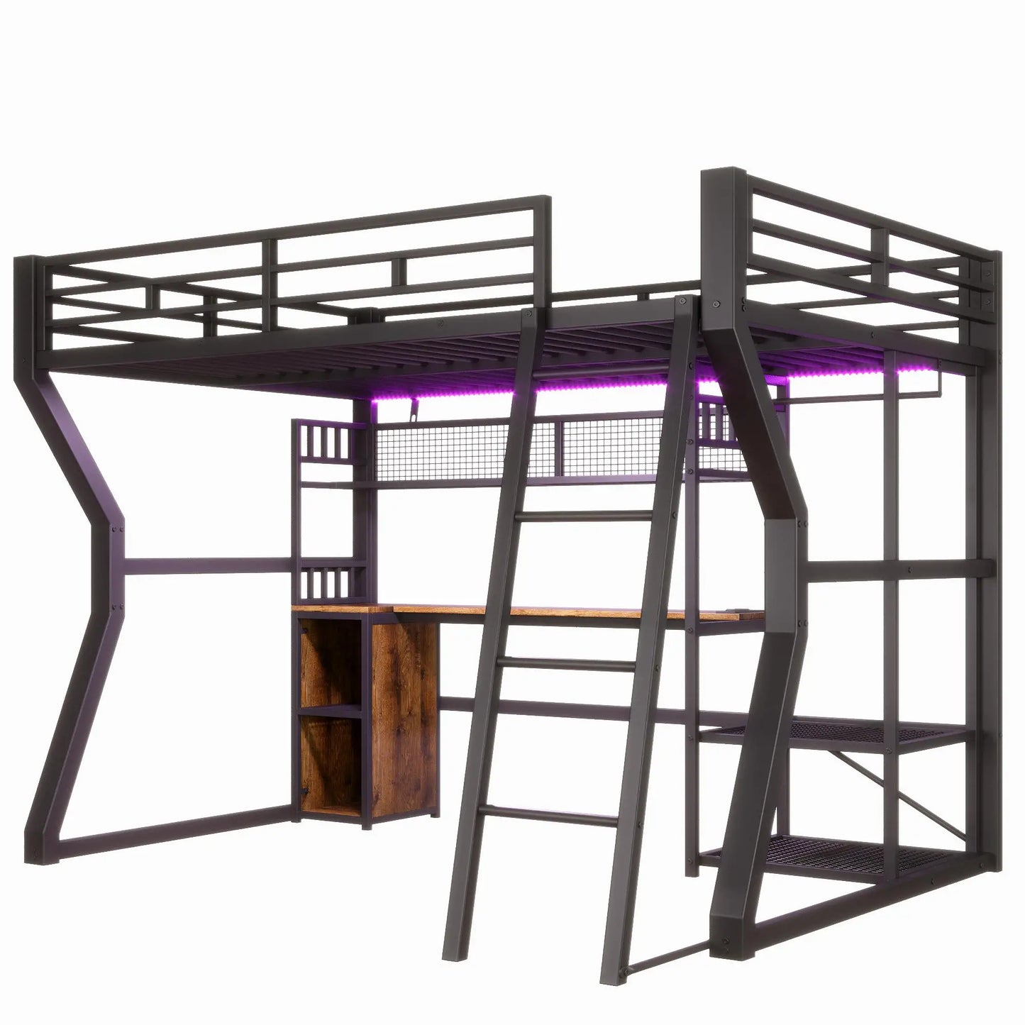 🛏️ CAMA ALTA 140x200 CM CON ESCRITORIO, LED, ENCHUFE Y ALMACENAMIENTO – NEGRO