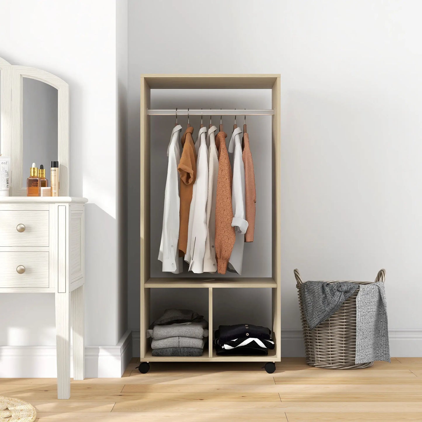 👕 ARMARIO ABIERTO CON RUEDAS 60 CM – BARRA PARA COLGAR Y ESTANTES – BLANCO Y ROBLE NATURAL