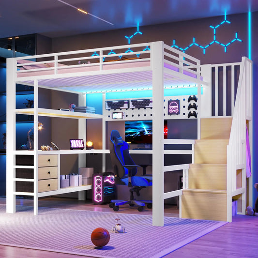 🎮 CAMA ALTA GAMER 140 × 200 CM CON ESCRITORIO, LED, ESTANTERÍAS Y 3 CAJONES | BLANCA | JAM MUEBLES