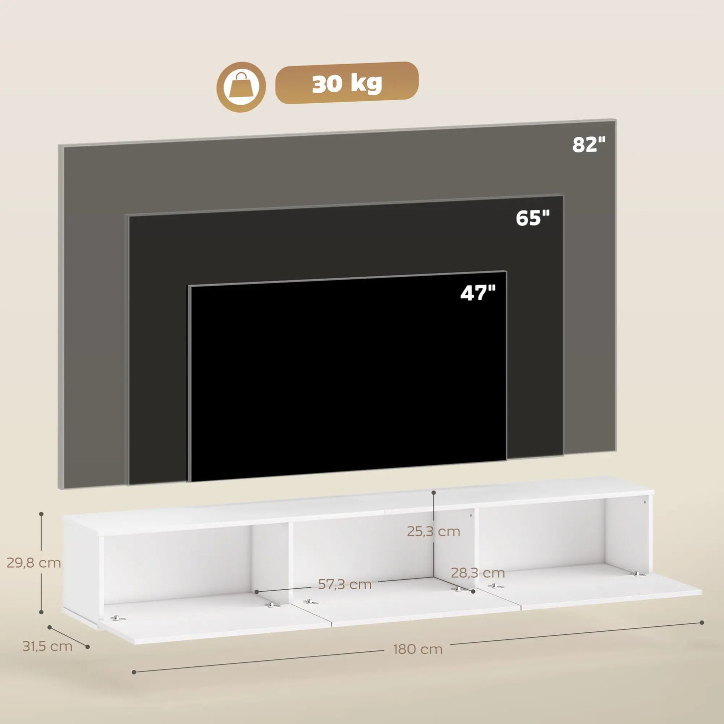 📺 MUEBLE TV FLOTANTE “AIR 180” – 3 PUERTAS ABATIBLES · BLANCO · PARA TV HASTA 82"