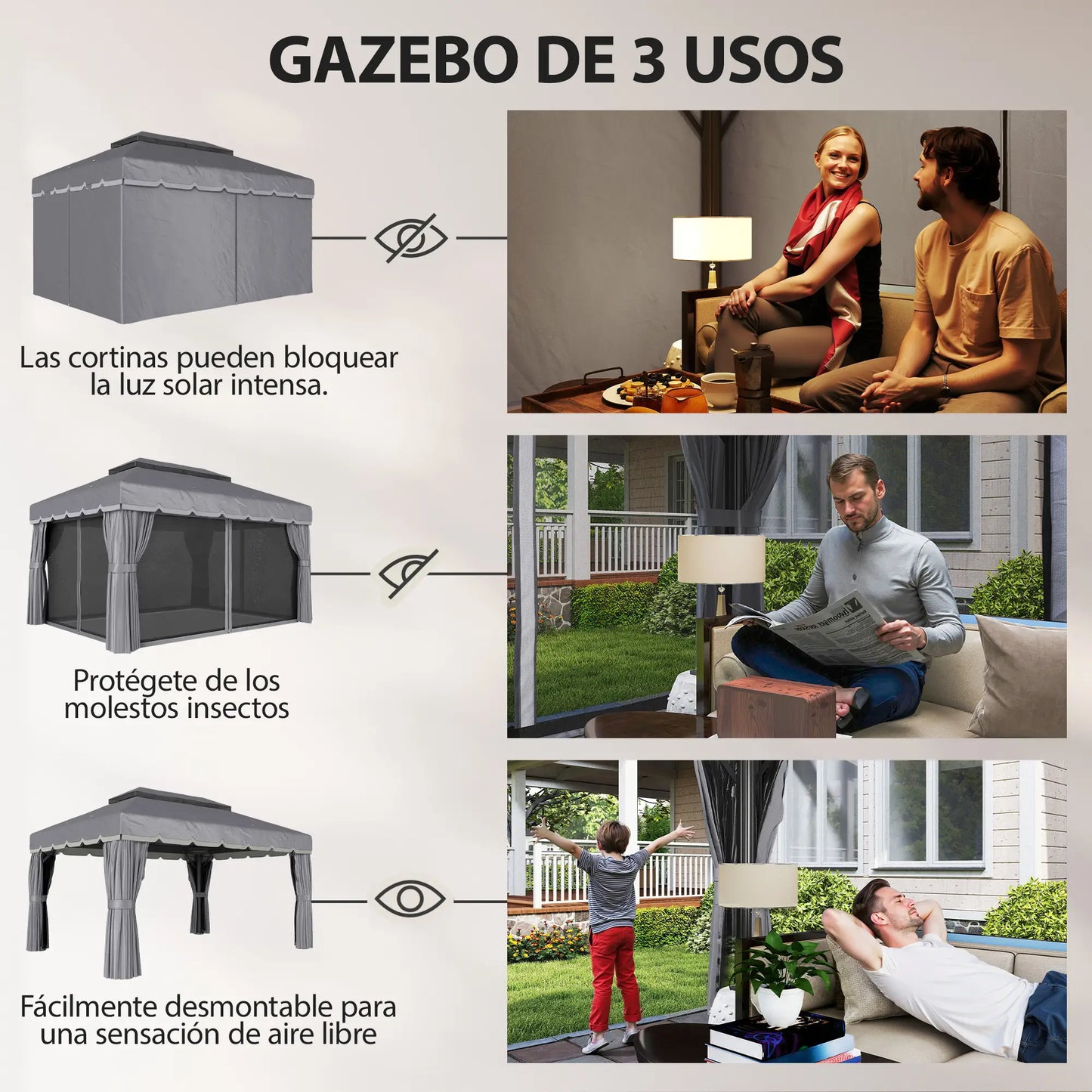 🌿 CENADOR DE JARDÍN “BRISALUX” 4x3m – DOBLE TECHO, CORTINAS Y MOSQUITERA