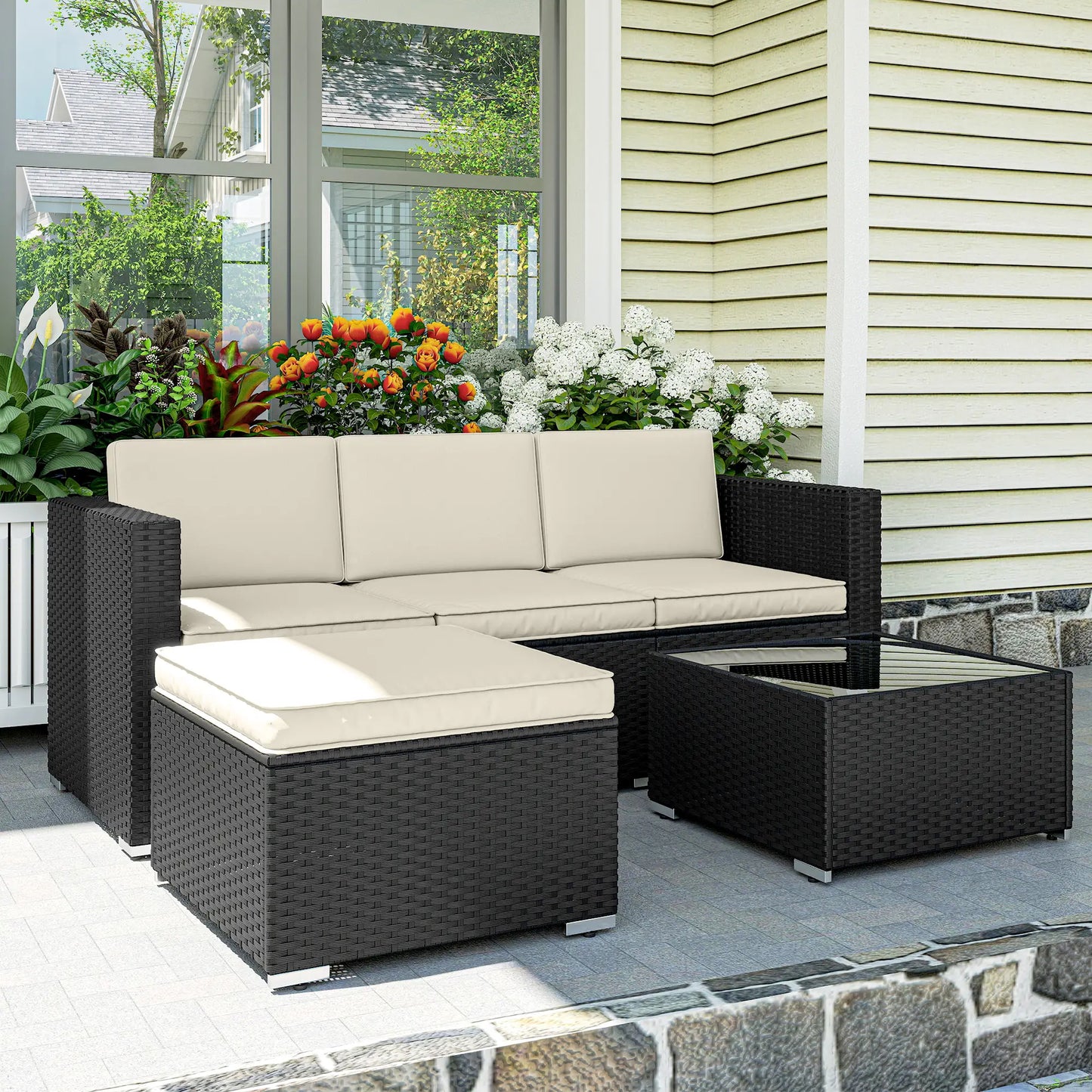 🌿 CONJUNTO DE JARDÍN BARATO 3 PIEZAS “NOIRZEN” – SOFÁ 3 PLAZAS + MESA + TABURETE