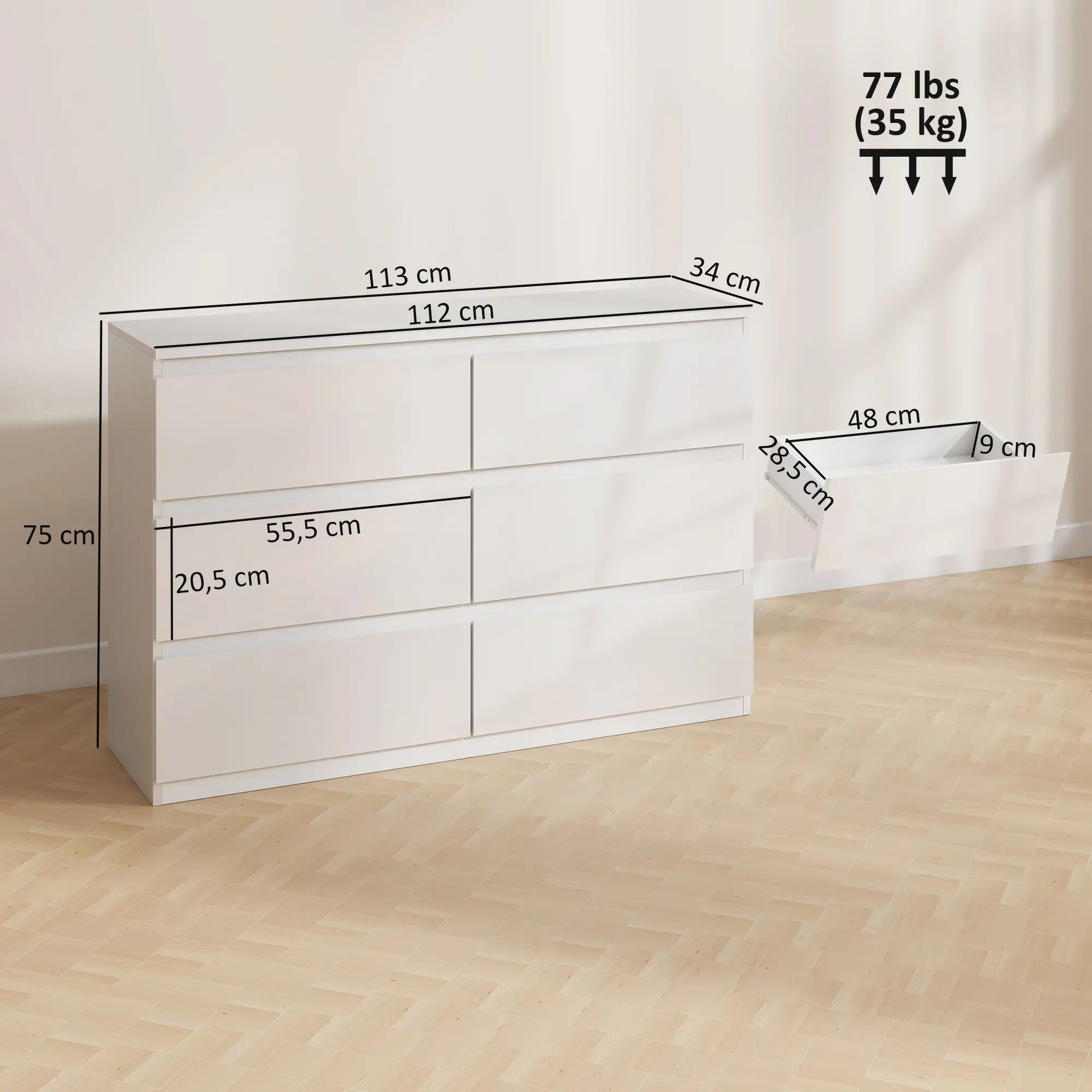 CÓMODA DE DORMITORIO ARLUXA SIX CON 6 CAJONES · ESTILO MODERNO · BLANCO BRILLO image 1