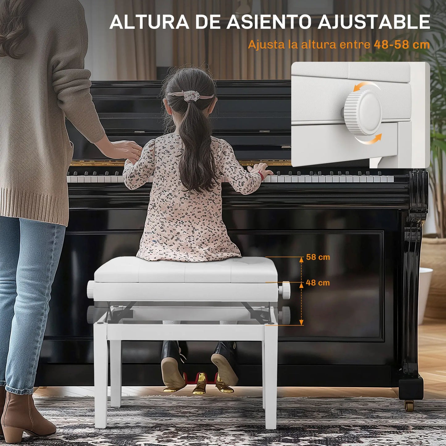 BANQUETA DE PIANO HARMONY LIFT BLANCA AJUSTABLE CON ALMACENAJE image 7