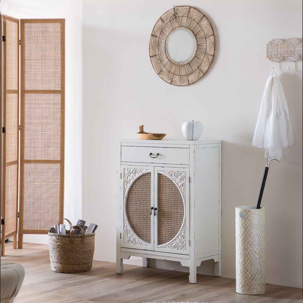 RECIBIDOR ALIKA DE MADERA Y RATÁN CON 1 CAJÓN Y 2 PUERTAS BLANCO image 0