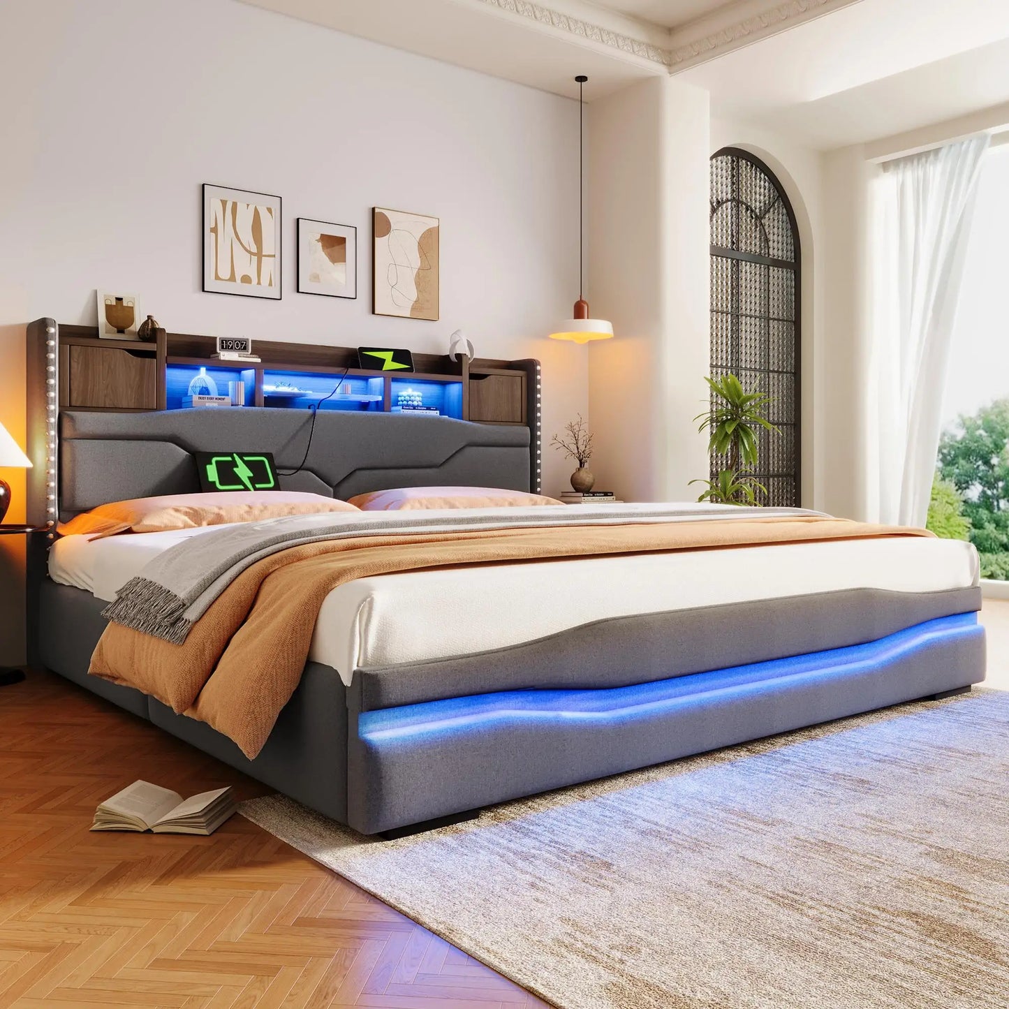 🛏️ CAMA TAPIZADA 180x200 CM CON CANAPÉ ABATIBLE HIDRÁULICO, LED Y USB – GRIS