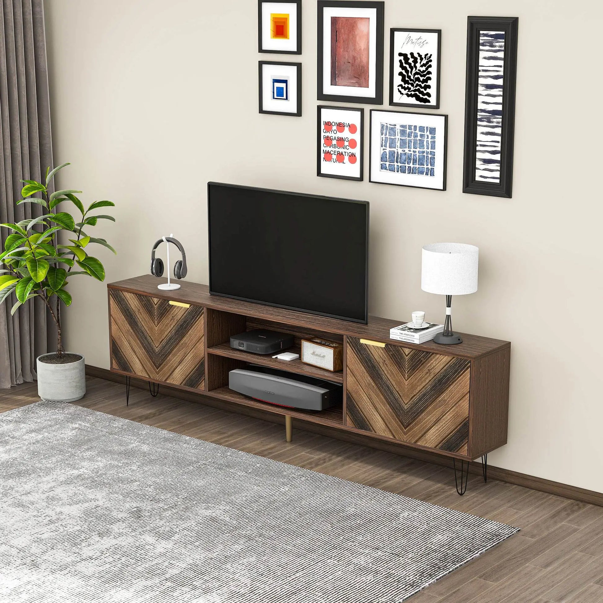 Mueble TV Móvil Natural con Puertas de Madera Maciza y Patas de Hierro image 0