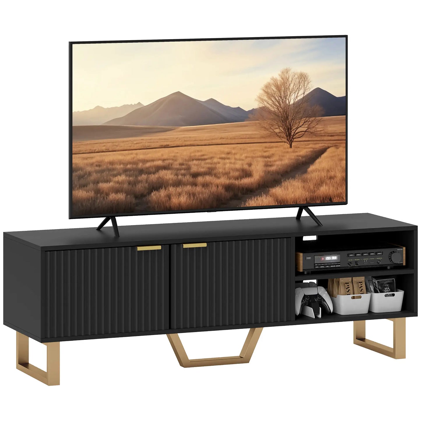Mueble TV Negro con Puertas Estriadas y Manijas Doradas image 4