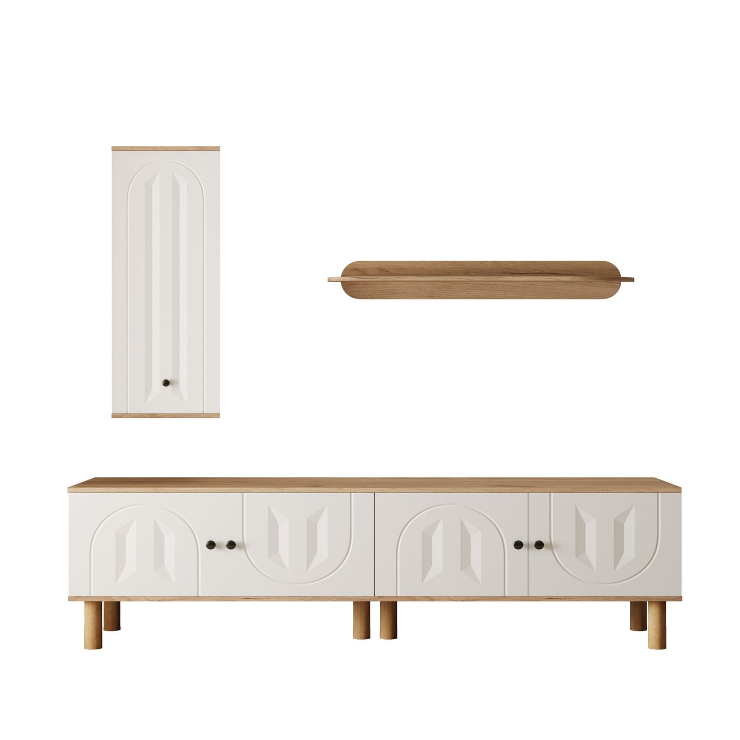 🏠 COMPOSICIÓN DE SALÓN “NATURA 3” – MUEBLE TV 170 CM + MUEBLE ALTO + ESTANTE DE PARED · BLANCO Y MADERA NATURAL