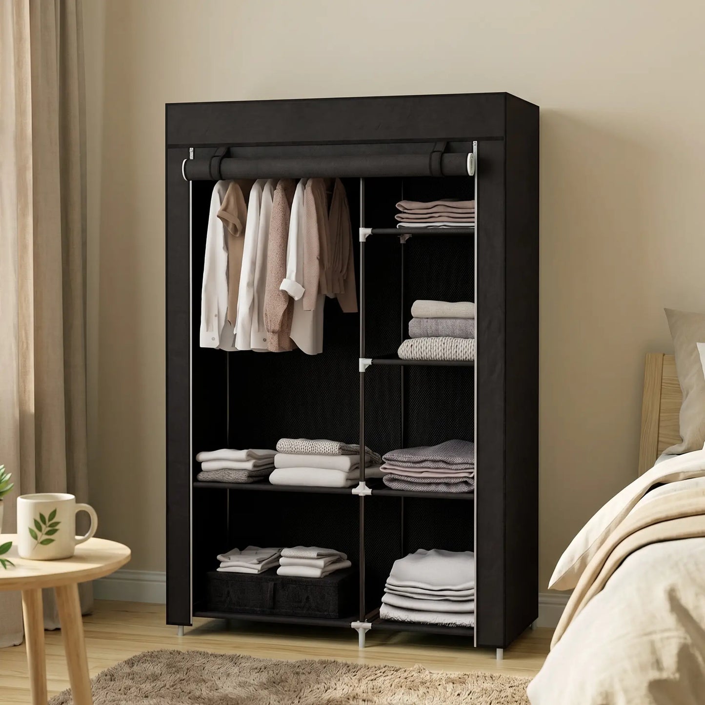 👕 ARMARIO DE TELA PLEGABLE 103 CM CON 6 ESTANTES Y BARRA PARA COLGAR – 5 COLORES