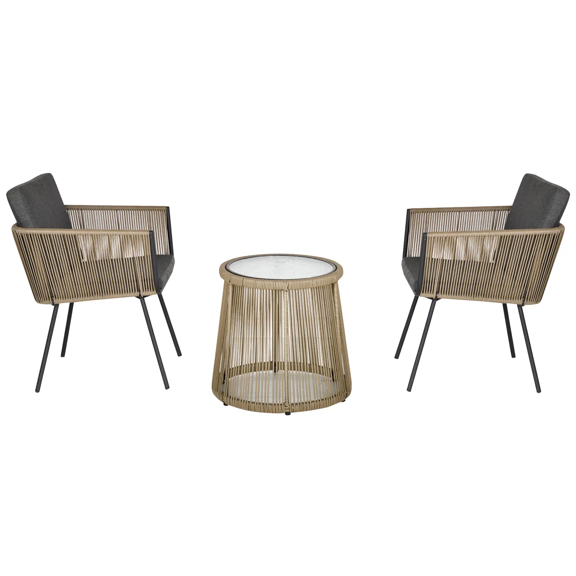 CONJUNTO DE JARDÍN RATÁN CAFÉ Y GRIS 2 SILLAS + MESA CRISTAL – MODELO SIENA image 1