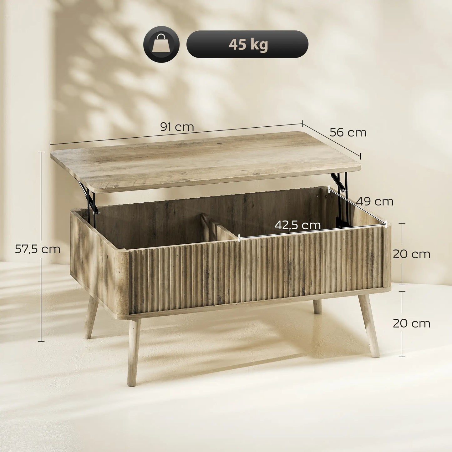 Mesa de Centro Elevable con Almacenaje Oculto y Patas de Pino 91 cm en Roble image 5