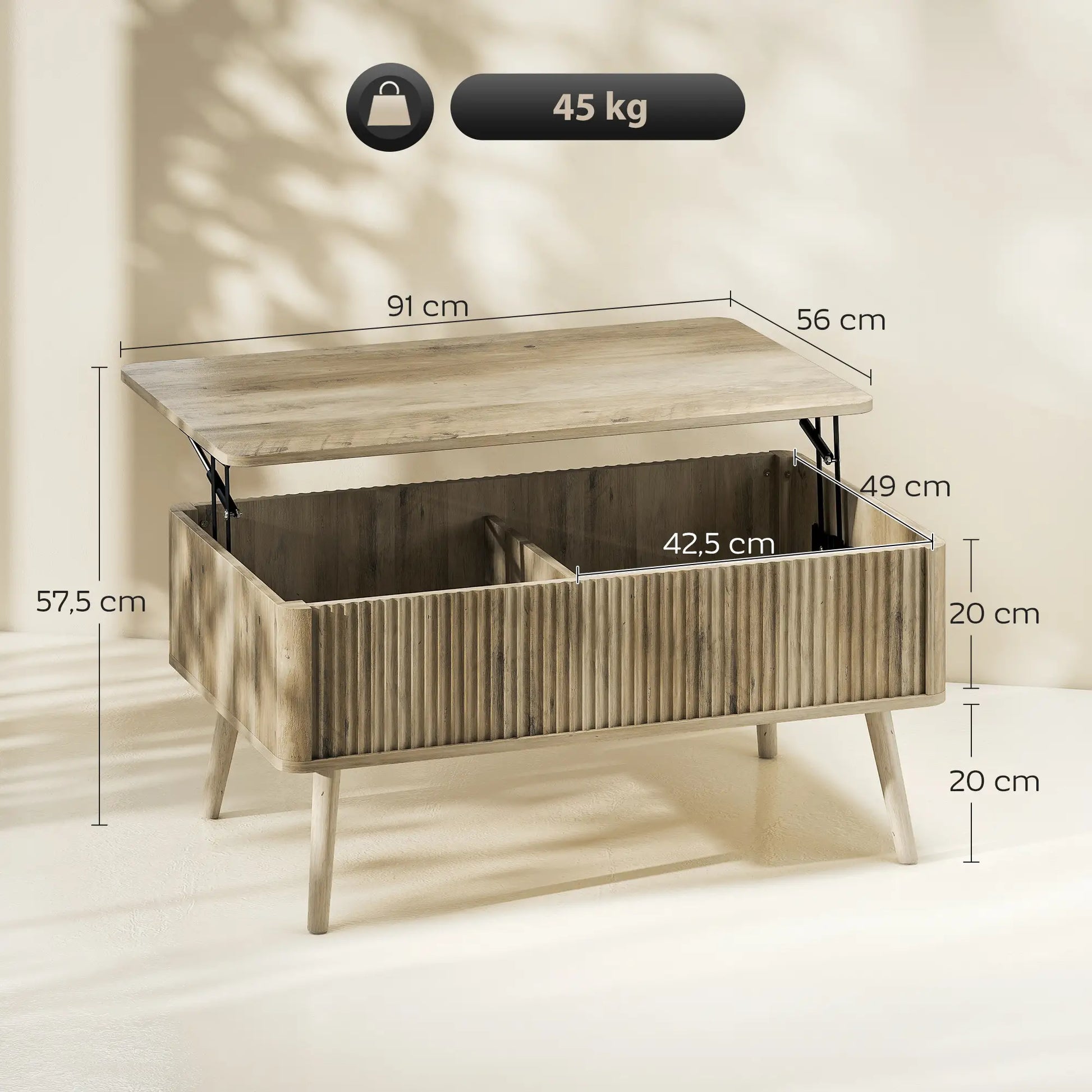 Mesa de Centro Elevable con Almacenaje Oculto y Patas de Pino 91 cm en Roble image 5