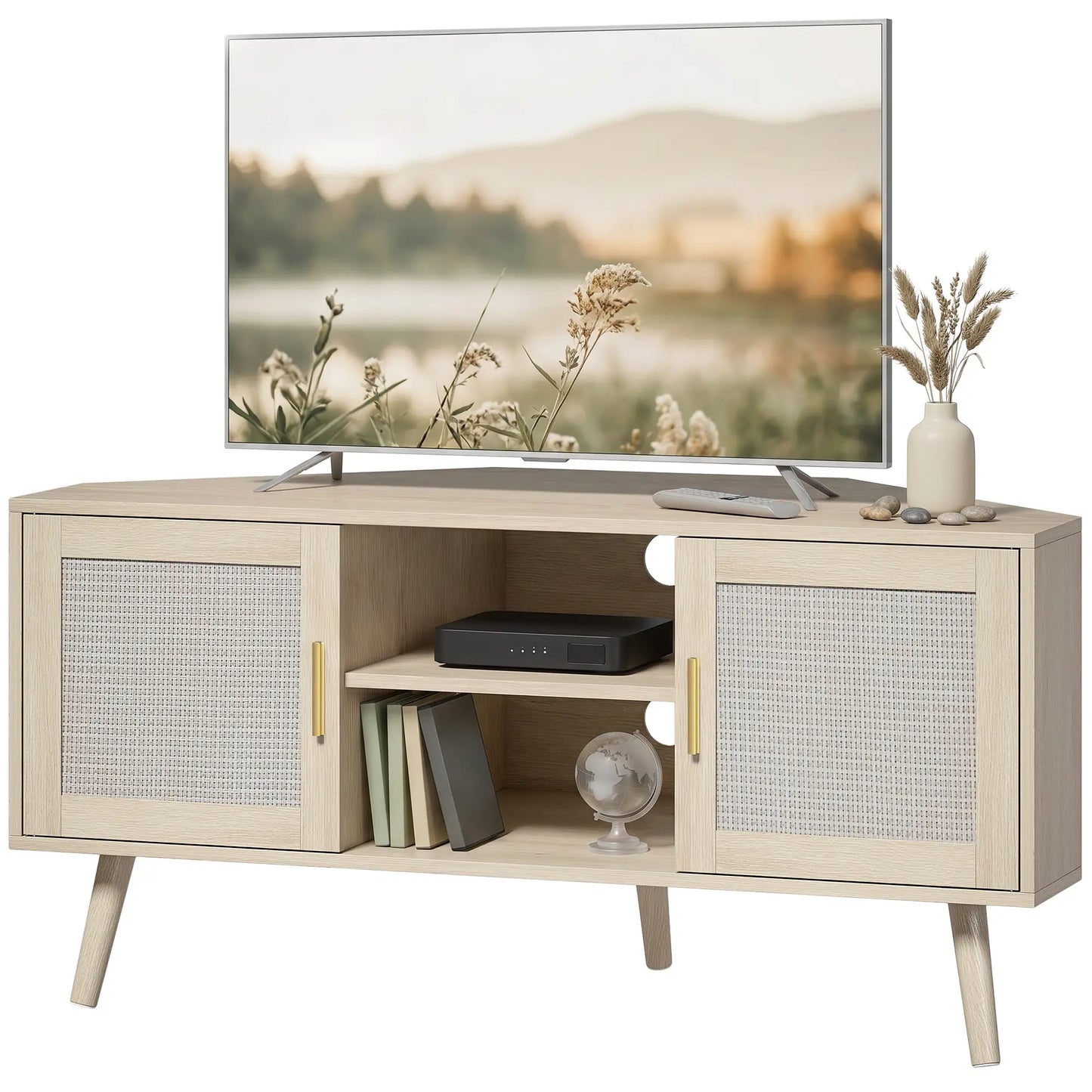 📺 MUEBLE TV DE ESQUINA “RATTAN CORNER 115” – ROBLE + RATÁN · 2 ARMARIOS + 2 ESTANTES · HASTA 65"