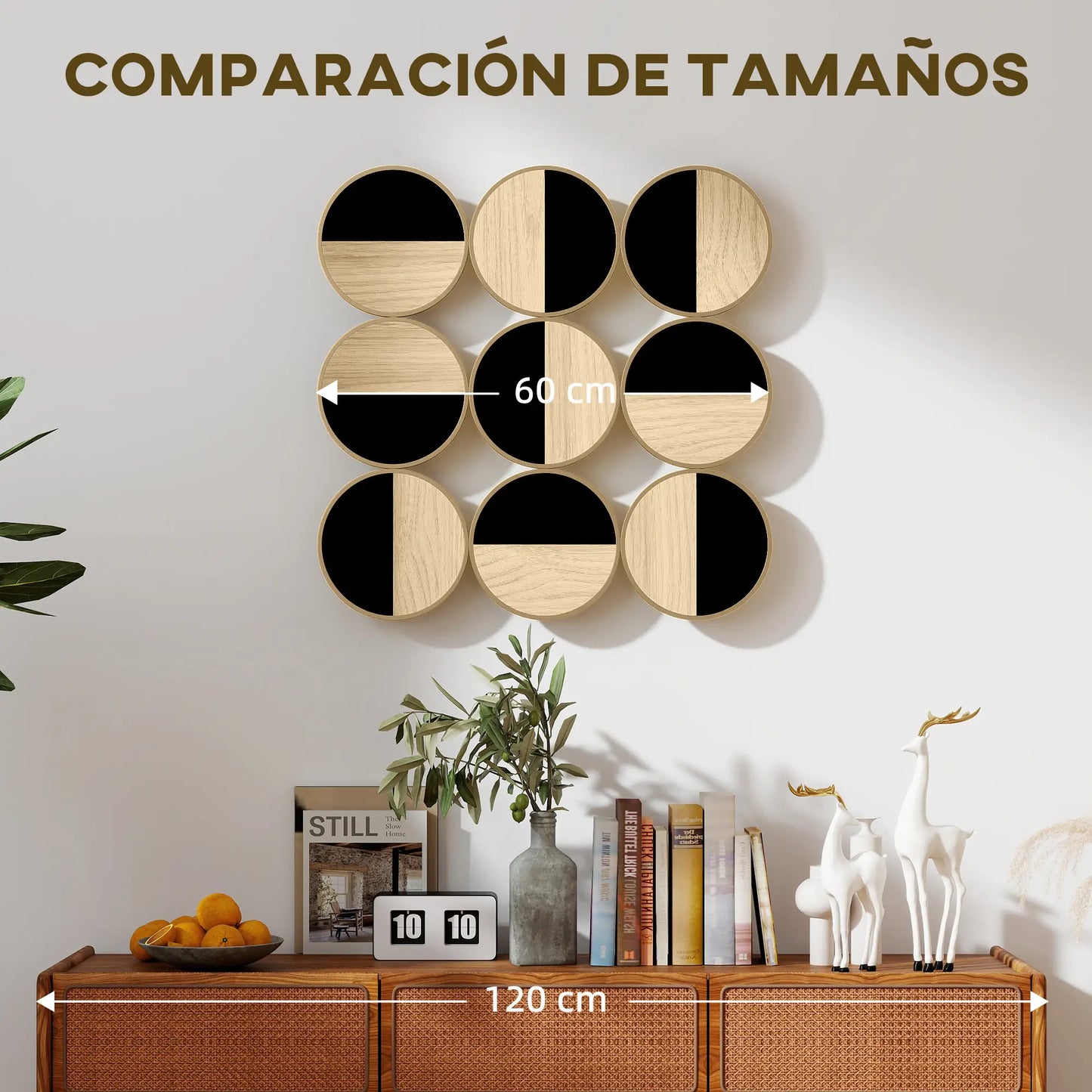 🖼️ CUADRO DECORATIVO DE PARED GEOMÉTRICO 3D 60 × 60 CM – DISEÑO MODERNO CON EFECTO MADERA, ESPEJO Y NEGRO