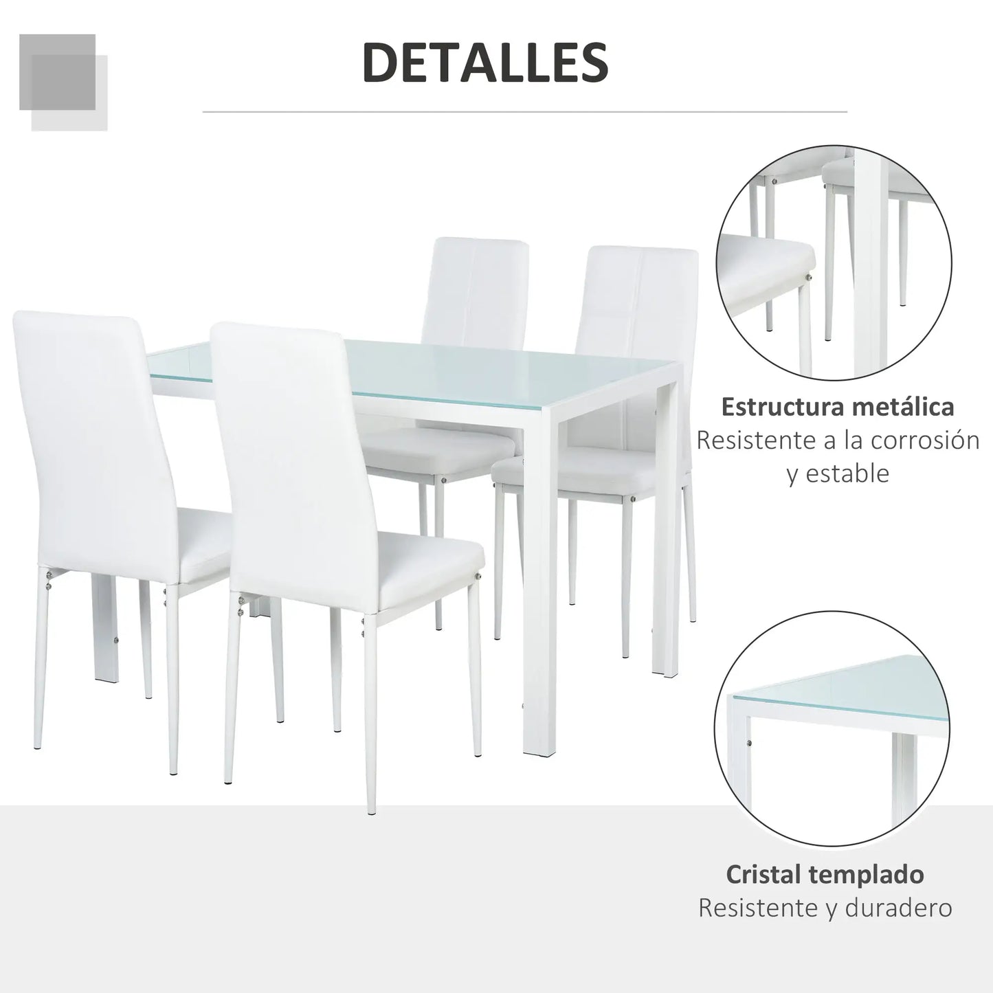 🤍 Conjunto de Comedor CRISTALIA 120 cm – Mesa Cristal + 4 Sillas Blancas