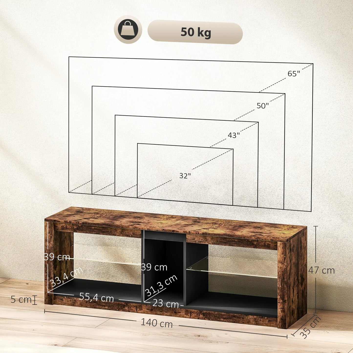 Mueble TV 140 cm Marrón Rústico con LED image 3